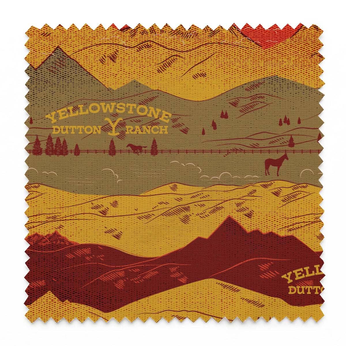 Layered mountain landscape in red, gold, and brown with "Yellowstone Cotton Ranch" text and silhouetted trees and wildlife. springs swatch pinked