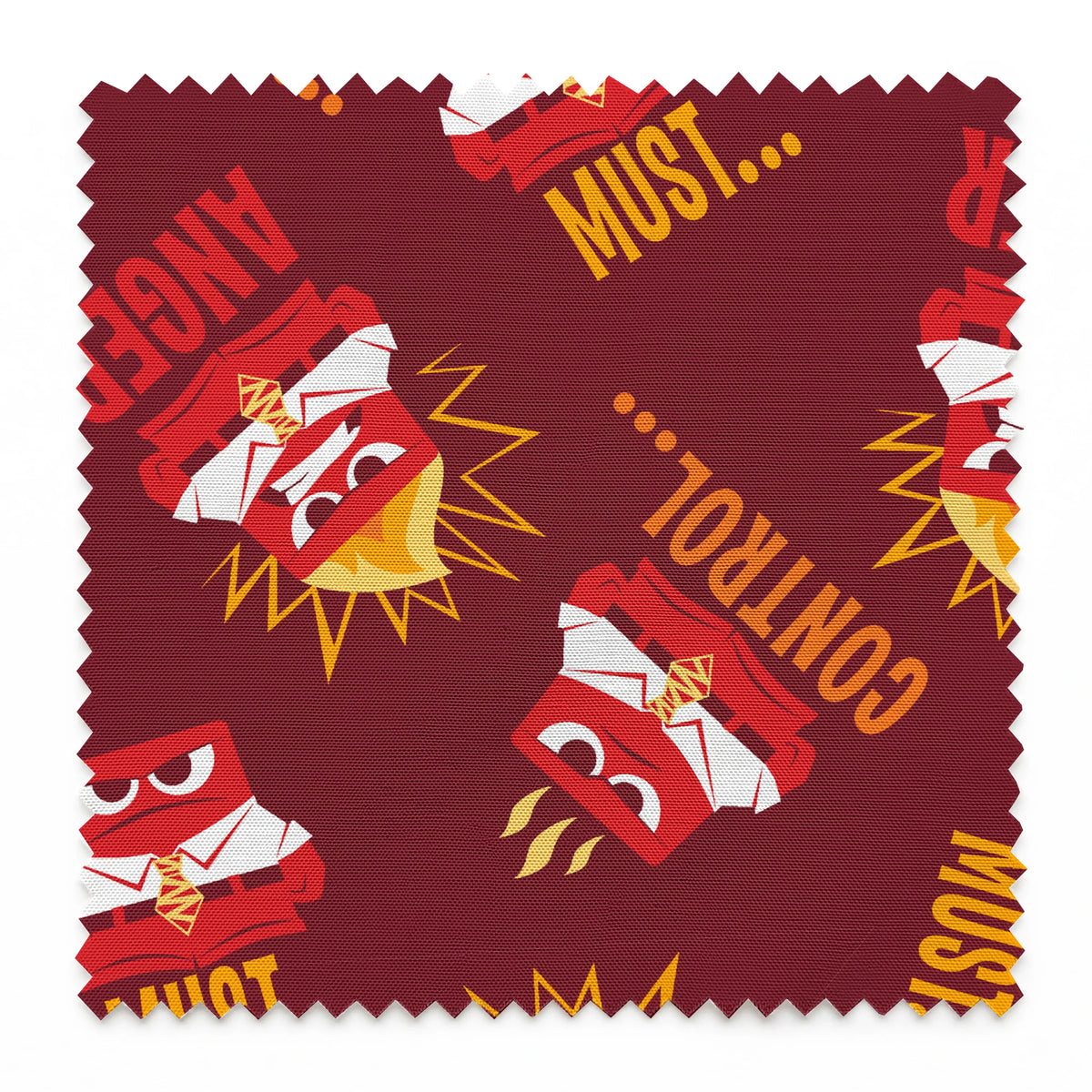 Red background pattern with Anger from Inside Out, explosions, and words "MUST... CONTROL... ANGER springs swatch pinked