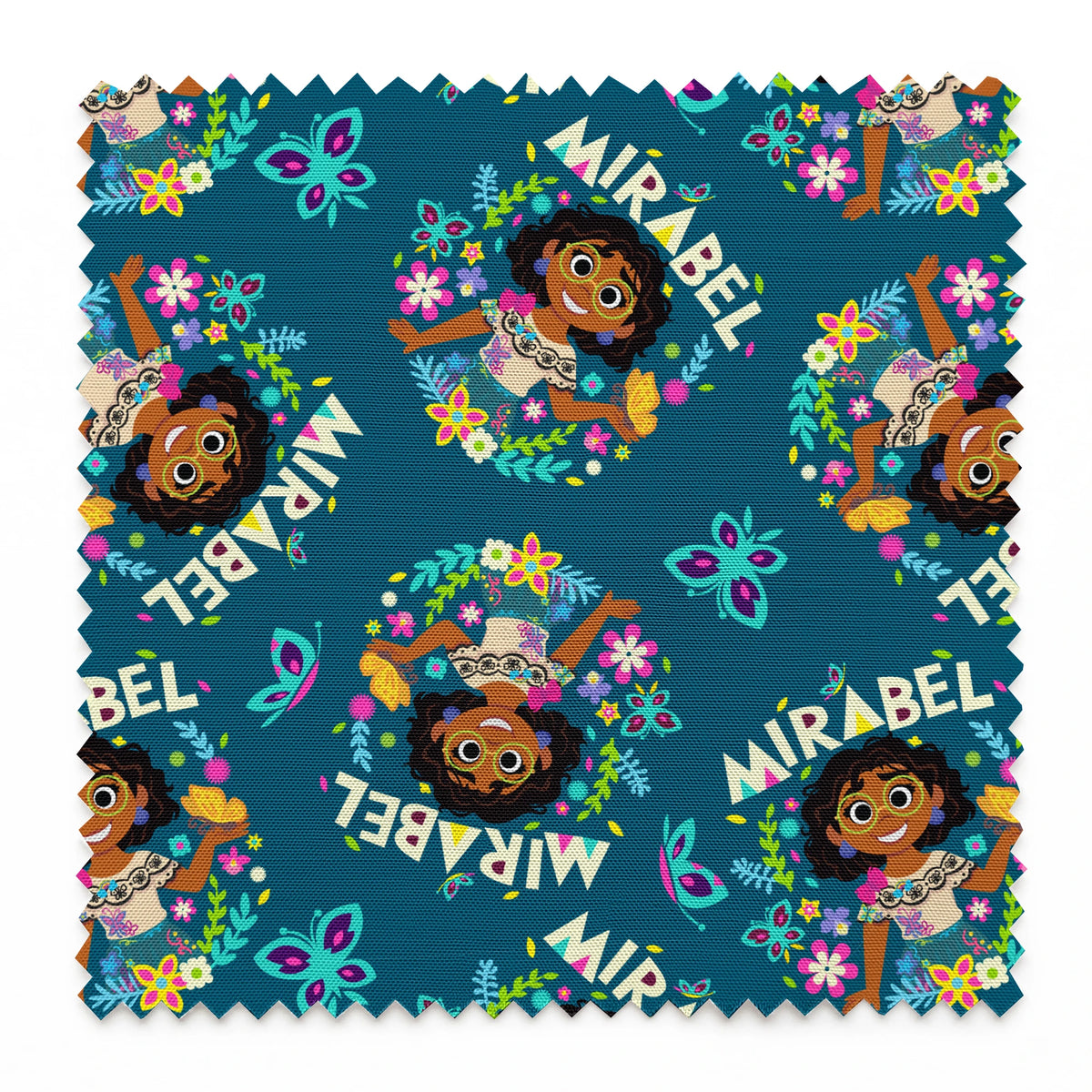 Colorful cartoon pattern on teal background featuring characters, butterflies, flowers, and "Mirabel" text in repeating design springs swatch pinked