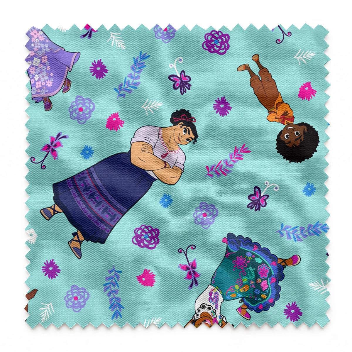 Colorful pattern with figures in traditional clothing, butterflies, and floral elements on teal background springs swatch pinked