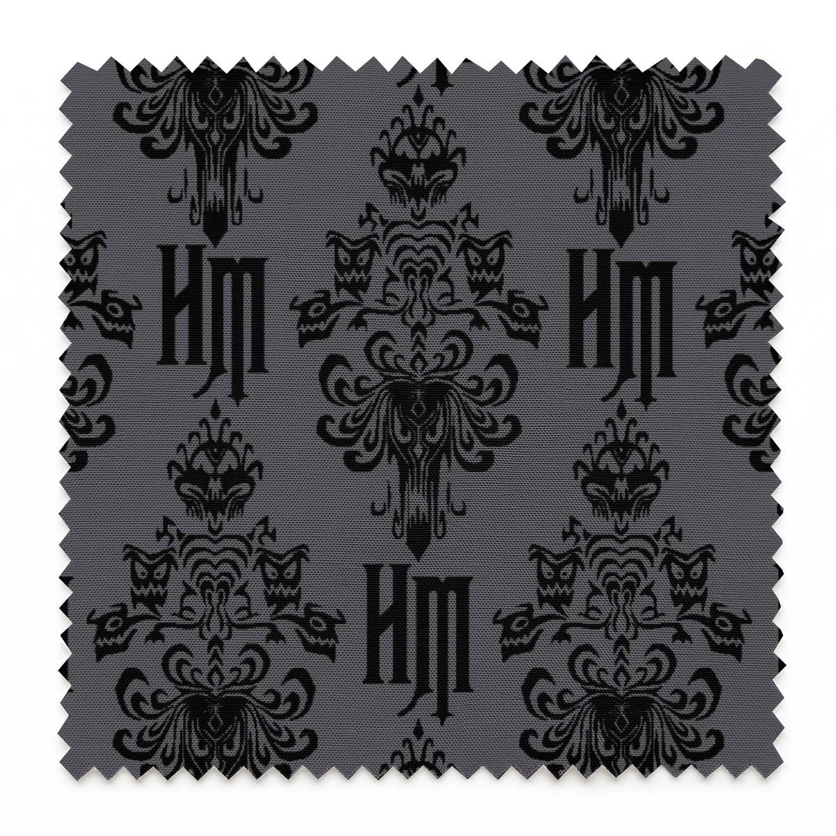 Dark gray background with black ornate damask pattern featuring decorative flourishes and monogram elements springs swatch pinked