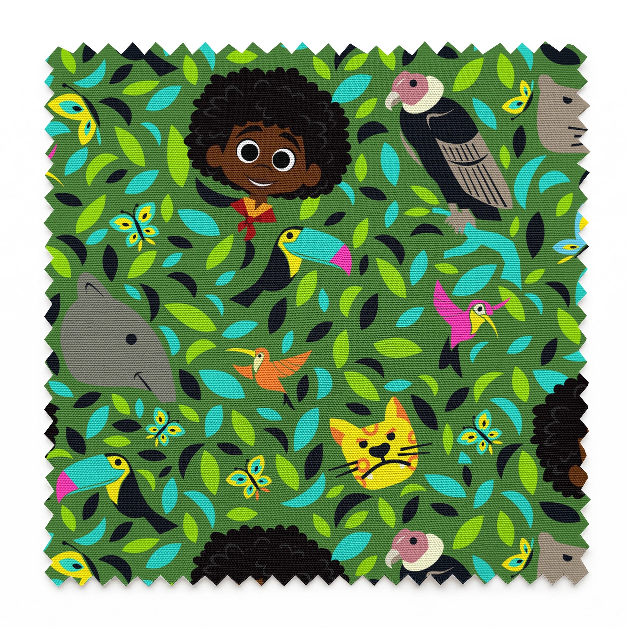 Colorful illustration with children, birds, butterflies, and animals among vibrant green foliage. springs swatch pinked