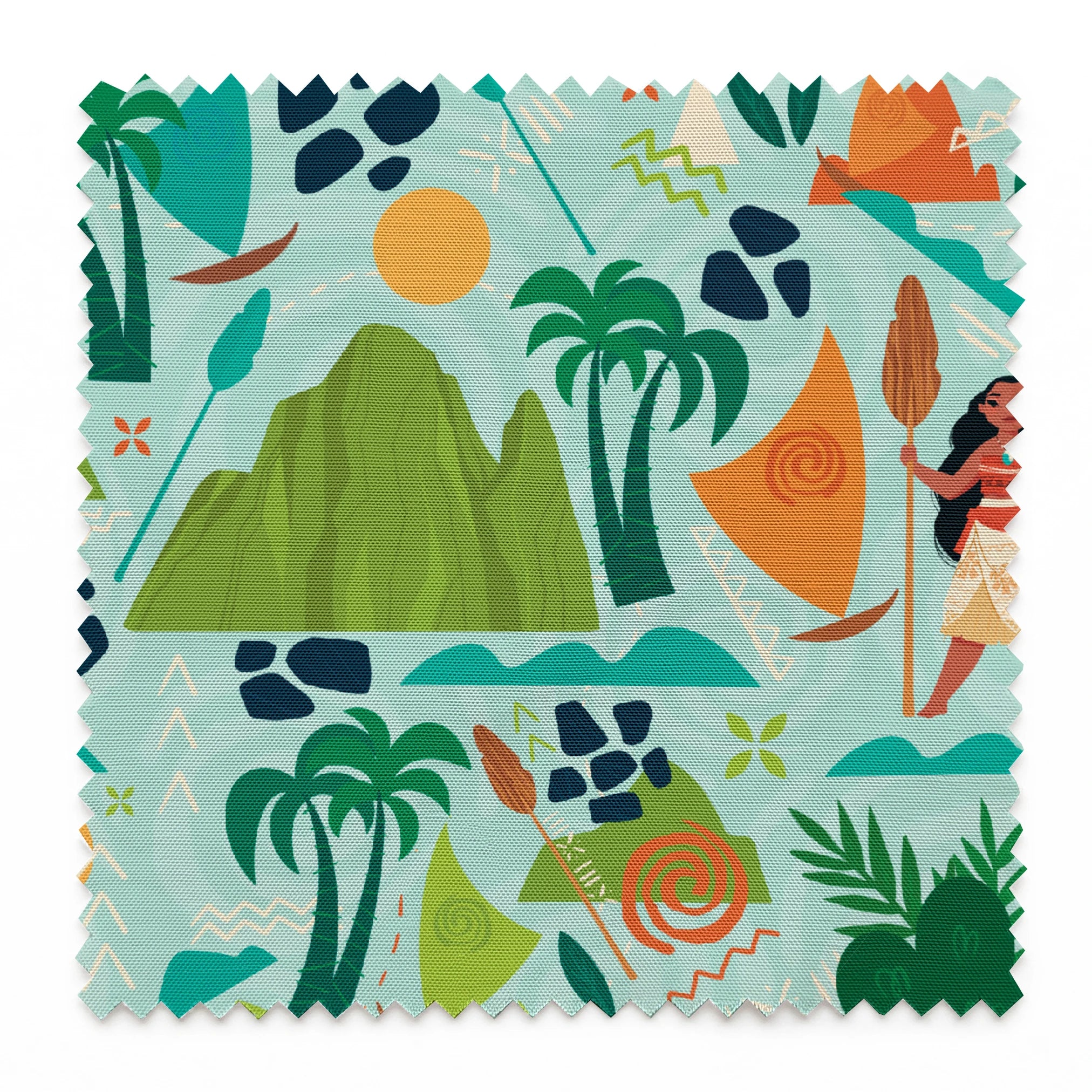 Tropical pattern with palm trees, mountains, sailboats and Polynesian-inspired motifs on mint green springs swatch pinked