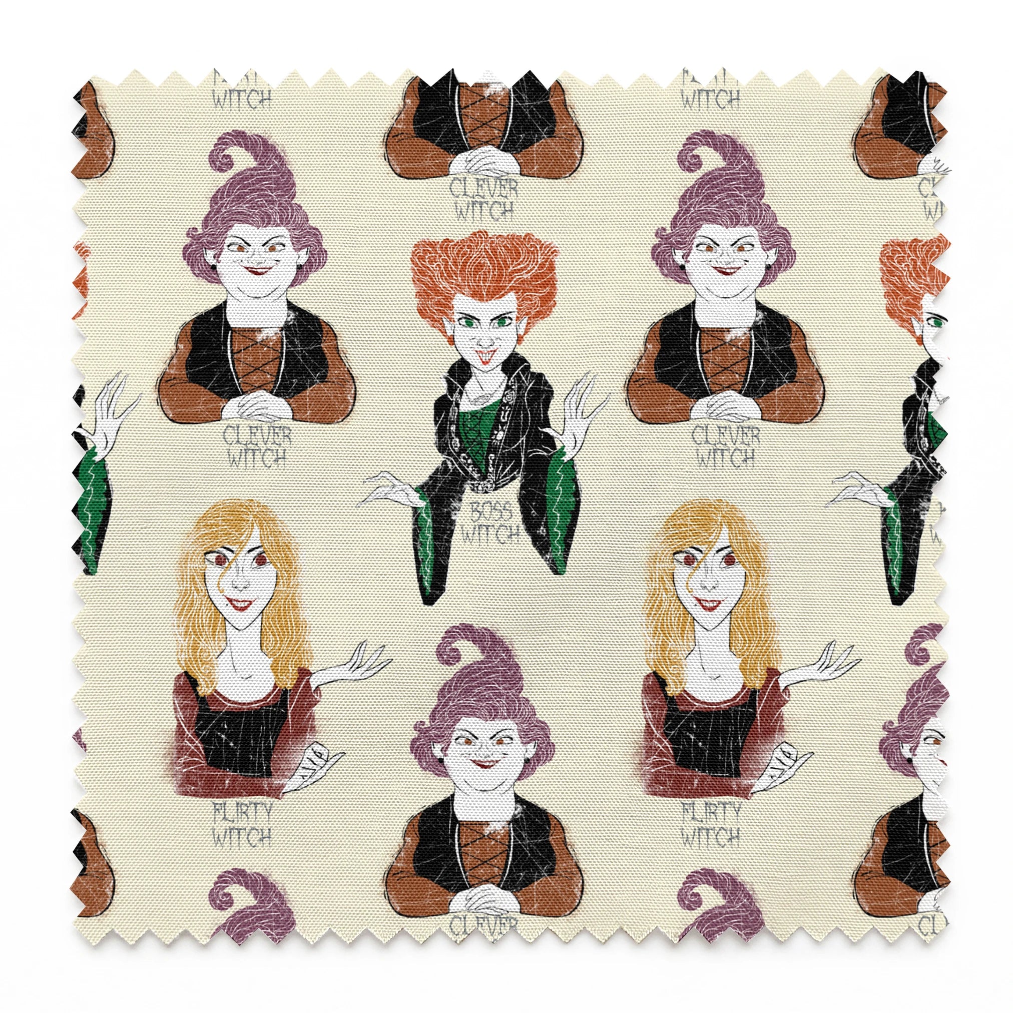 Pattern of illustrated witch characters with different styling - purple hat witch, green-dressed witch, and blonde witch with varying colors and poses springs swatch pinked