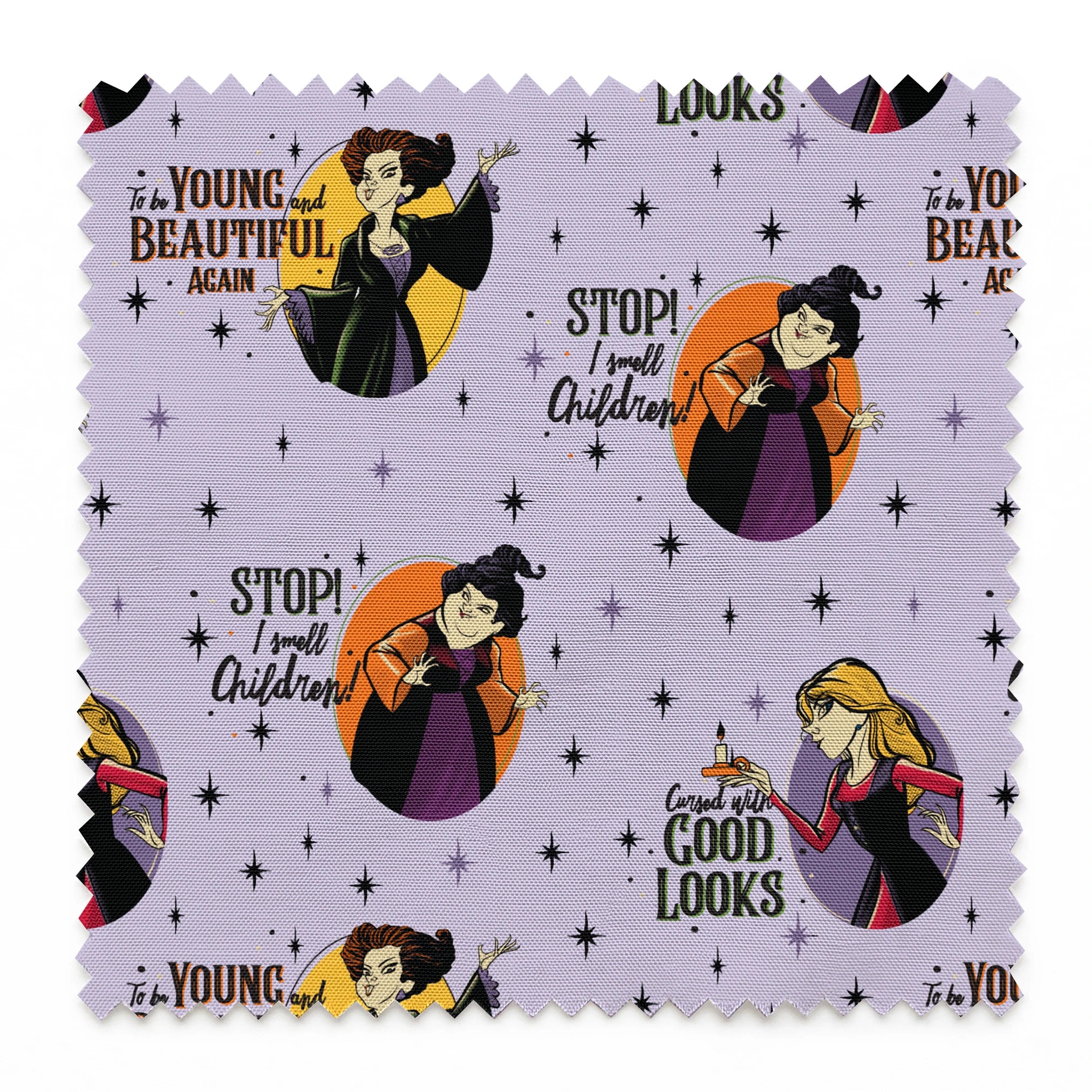Disney villains pattern with circular portraits on purple starry background featuring animated characters and quote catchphrases springs swatch pinked