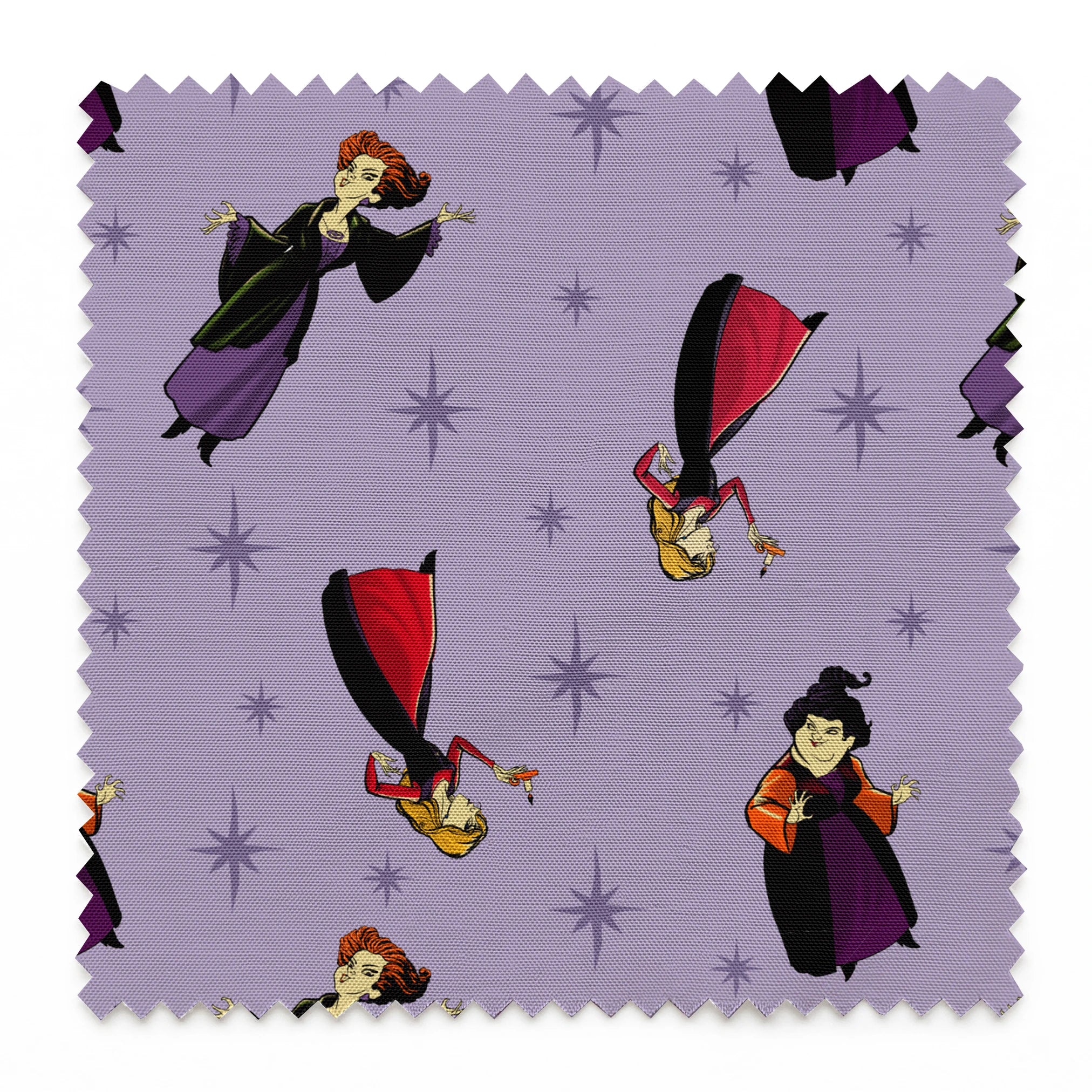 Purple background with cartoon characters in flowing capes and dresses with stars pattern, repeating decorative design springs swatch pinked