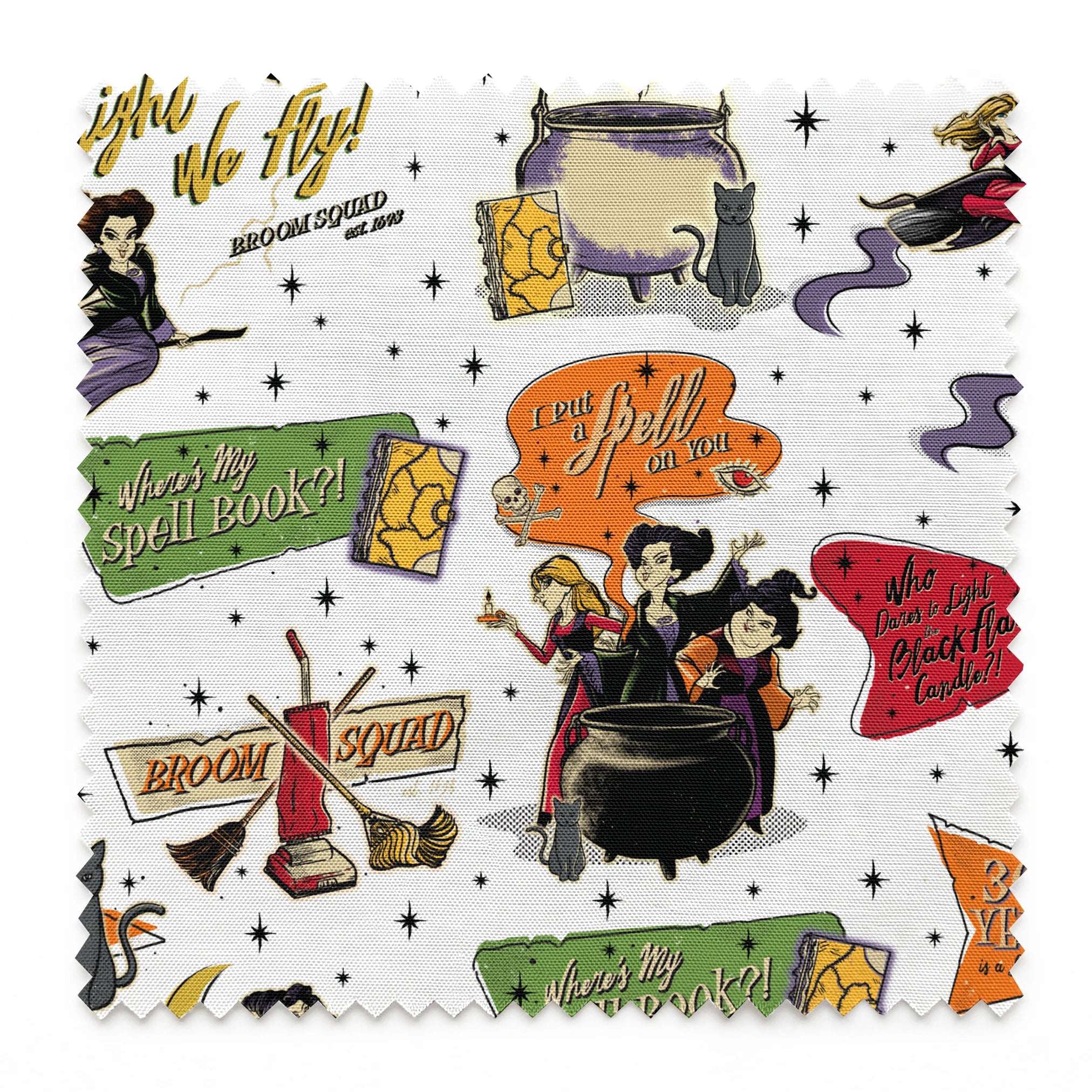 Halloween witch-themed pattern with spell books, cauldrons, brooms, stars, cats, potions and magical sayings on white background springs swatch pinked