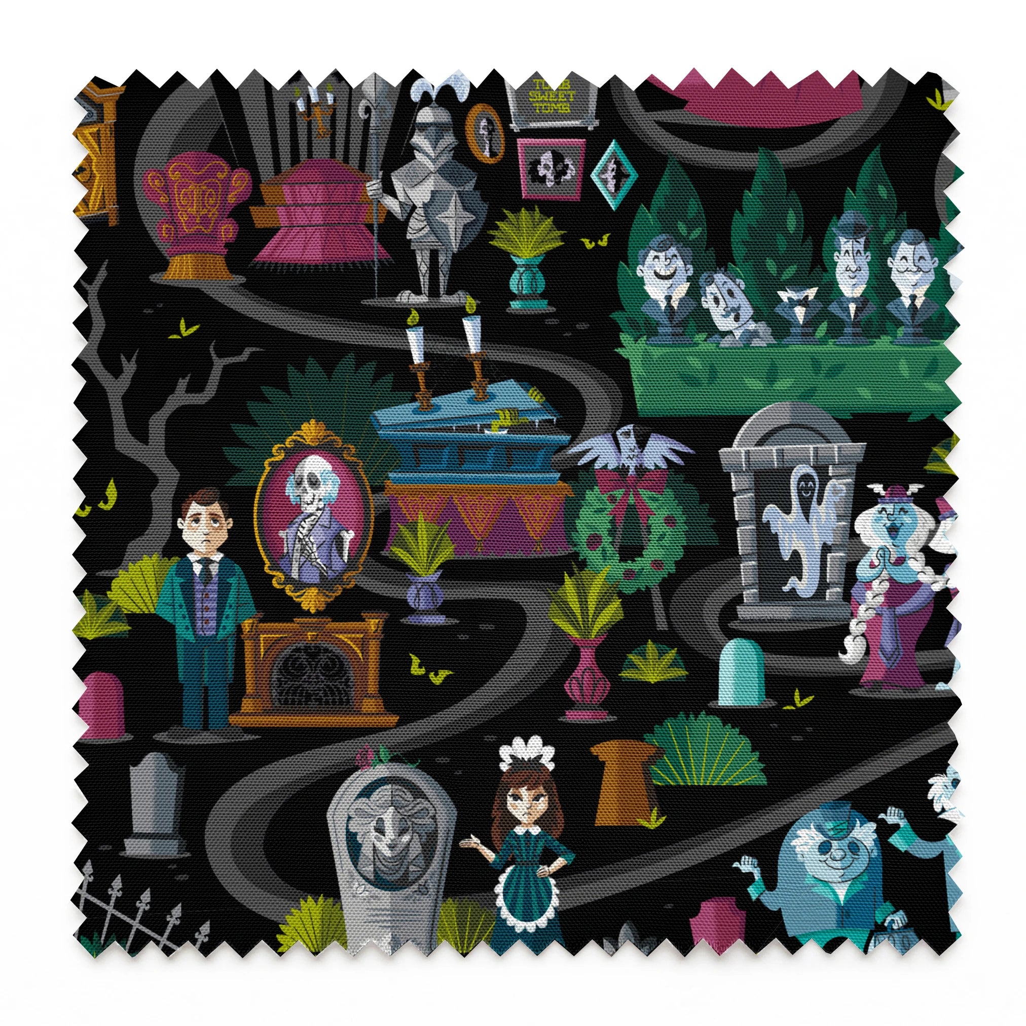 Dark background collage of colorful haunted house elements with ghosts, skeletons, potion bottles, and spooky characters in a whimsical pattern springs swatch pinked