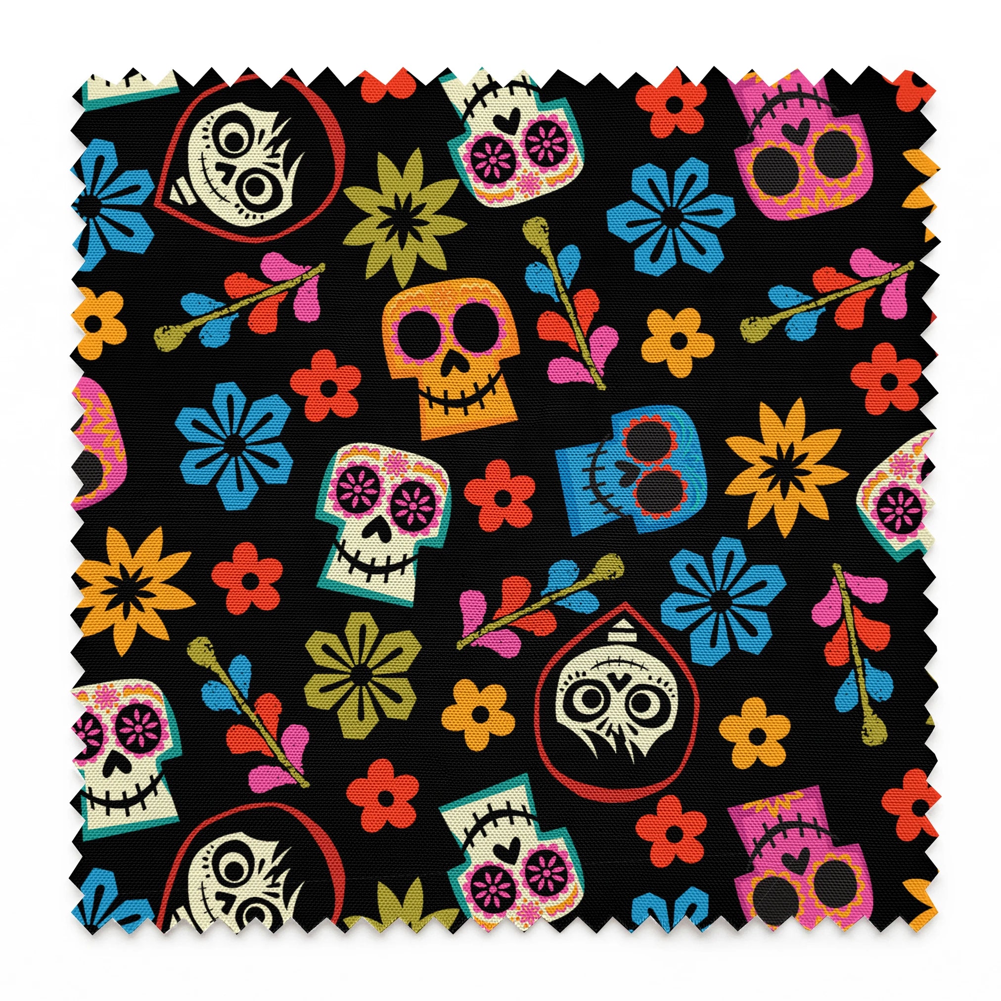 Colorful Coco sugar skull pattern with floral designs on black background for Day of the Dead springs swatch pinked
