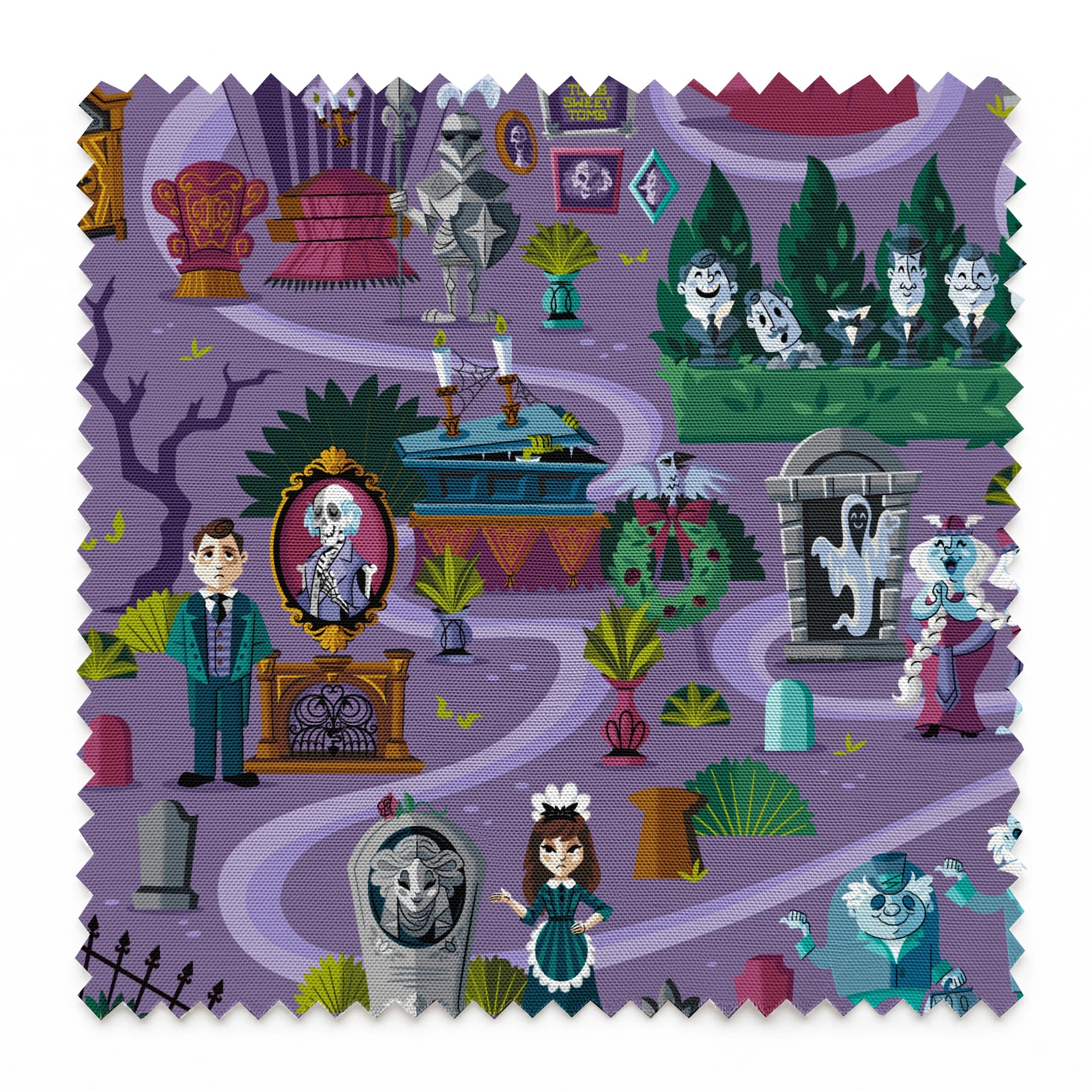 Colorful cartoon map of a spooky Halloween town with purple paths, ghosts, skeletons, and haunted houses. springs swatch pinked