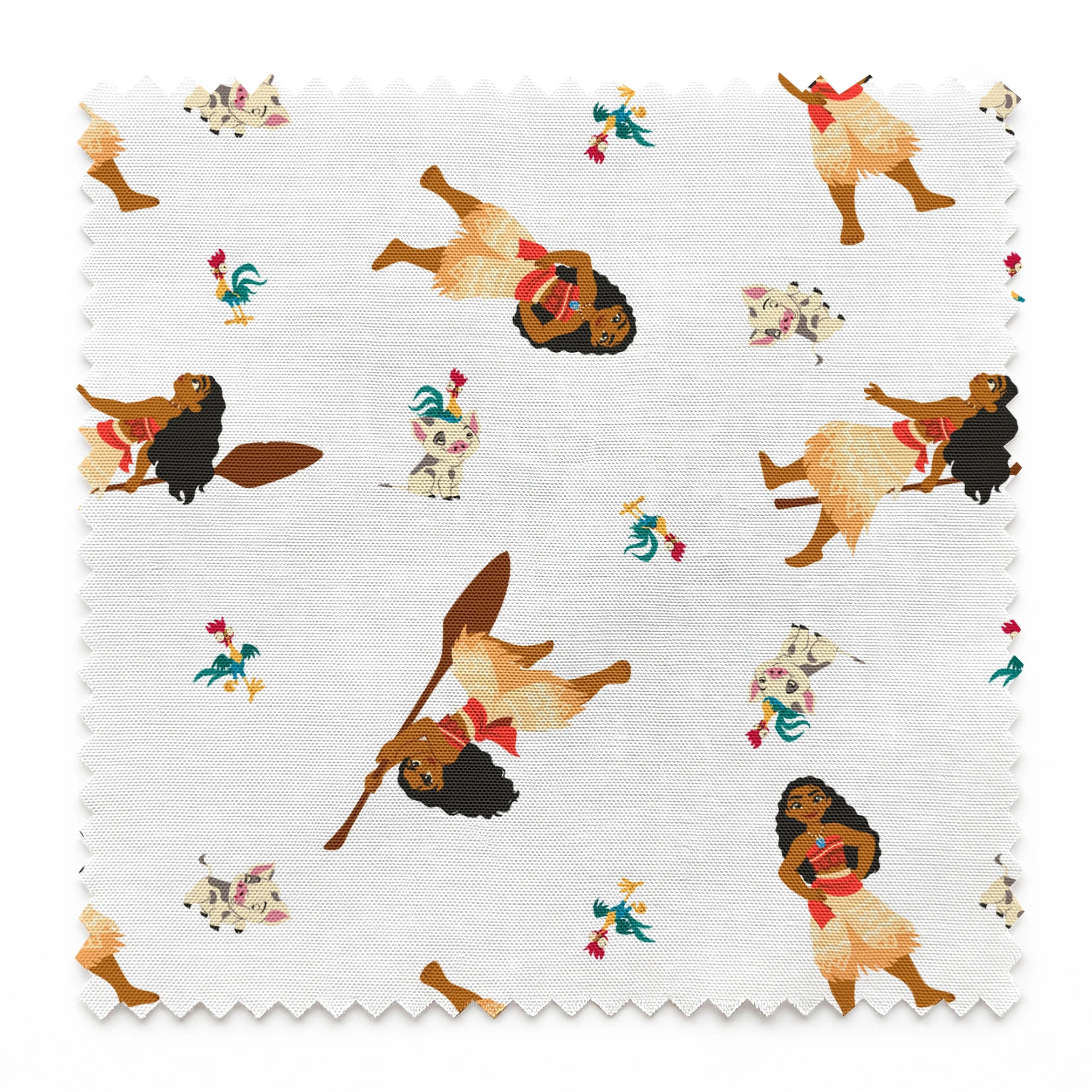 Moana pattern on white background with colorful cartoon animals in repeating design springs swatch pinked