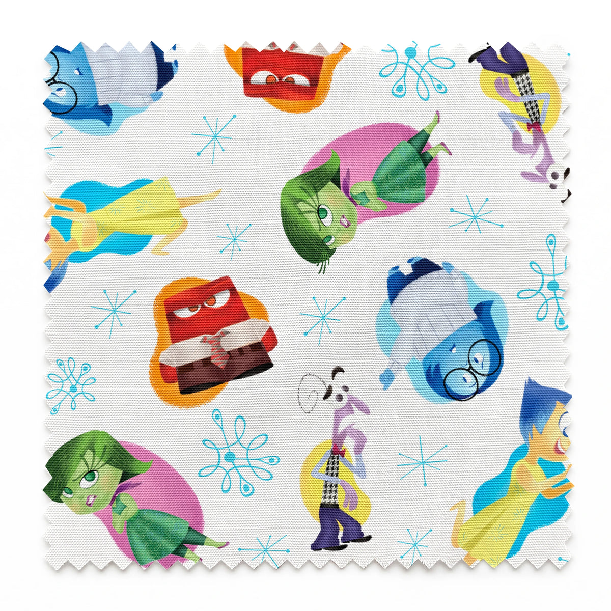 Colorful pattern of cartoon Inside Out characters with snowflake accents on white background springs swatch pinked