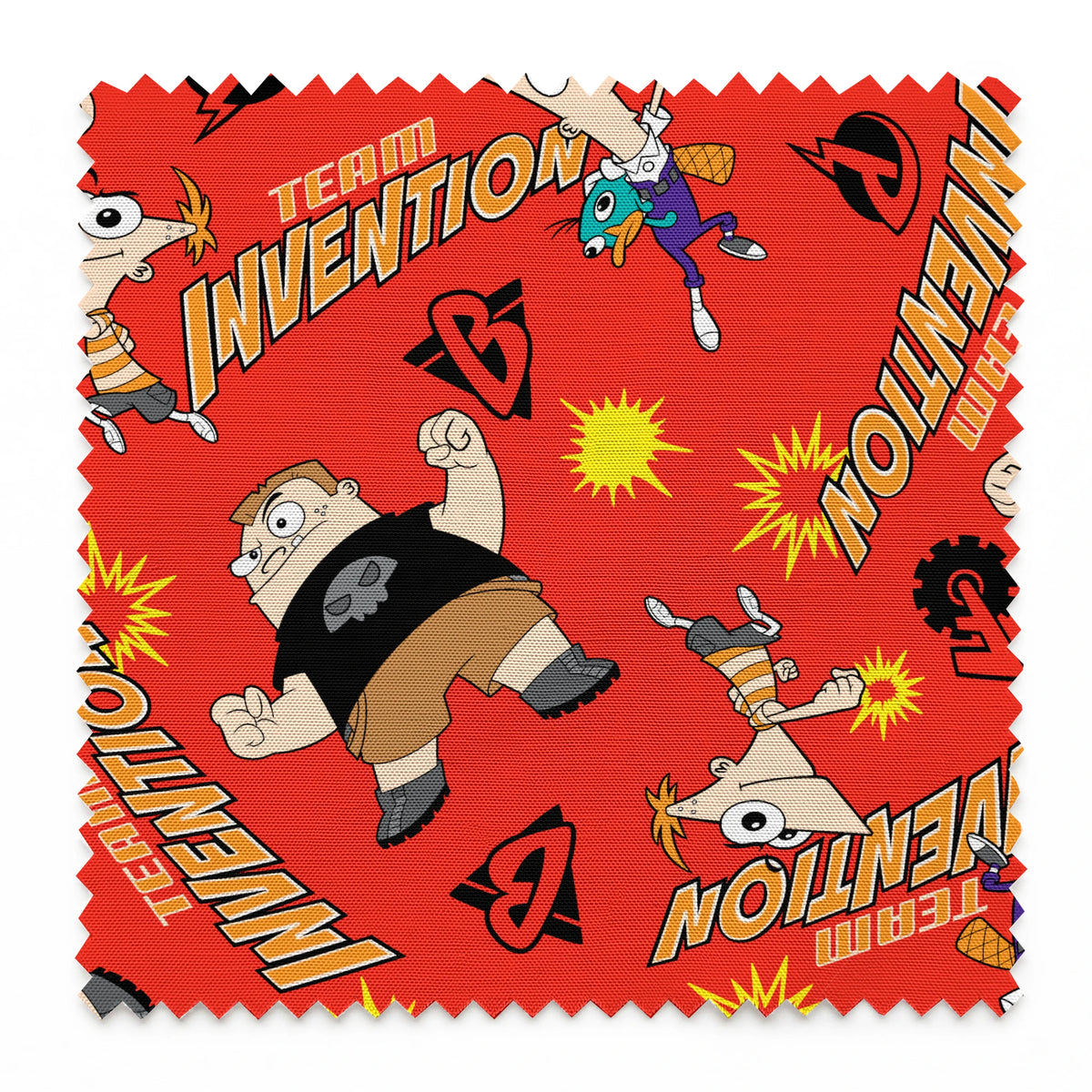 Red background pattern with Phineas and Ferb, text reading "Invention" and "McTheim", yellow starbursts, and comic-style design elements springs swatch pinked