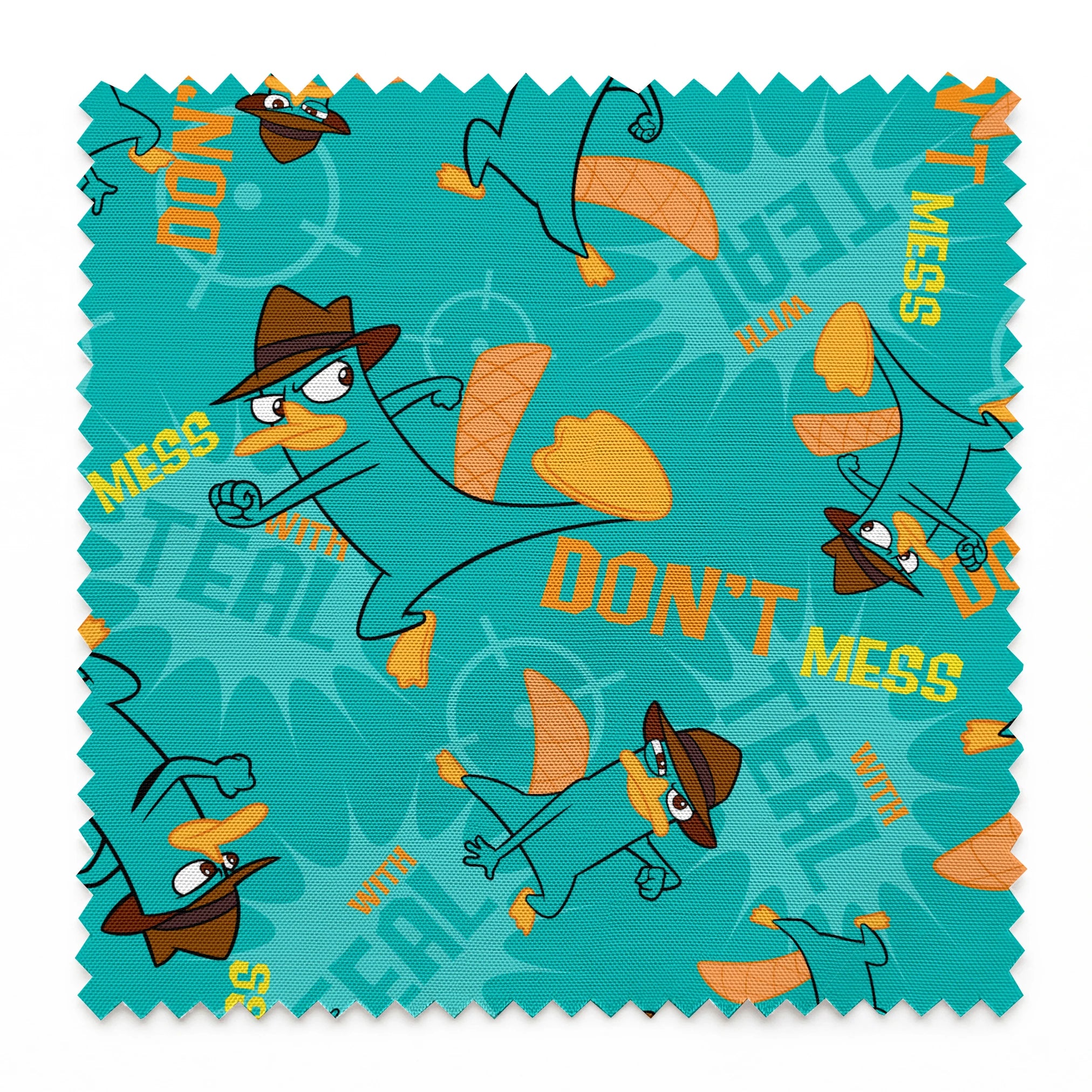 Cartoon pattern of platypus character in fedora hat with orange elements on teal background springs swatch pinked