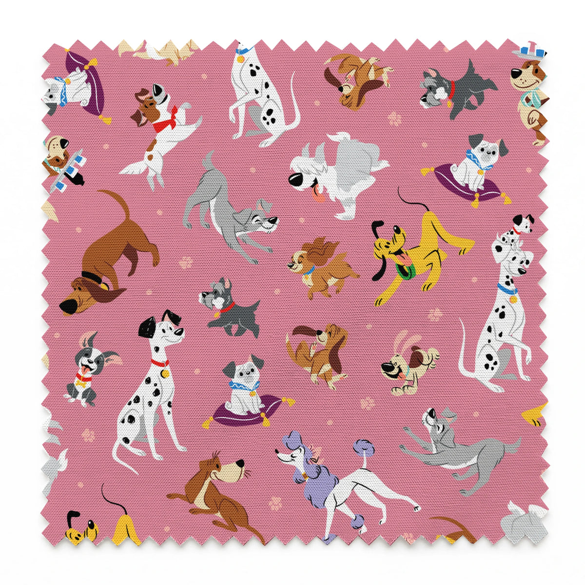 Colorful dog pattern with various cartoon breeds on pink background including dalmatians, terriers, and dachshunds springs swatch pinked