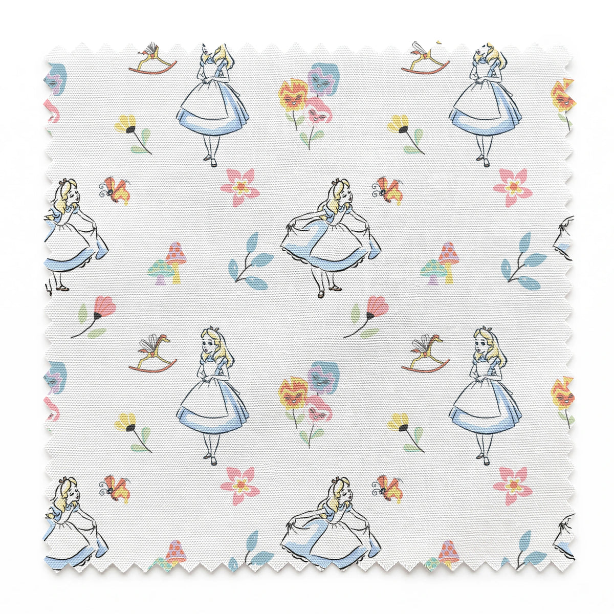 Whimsical pattern featuring character in blue dress with flowers, mushrooms, and rocking horse springs swatch pinked