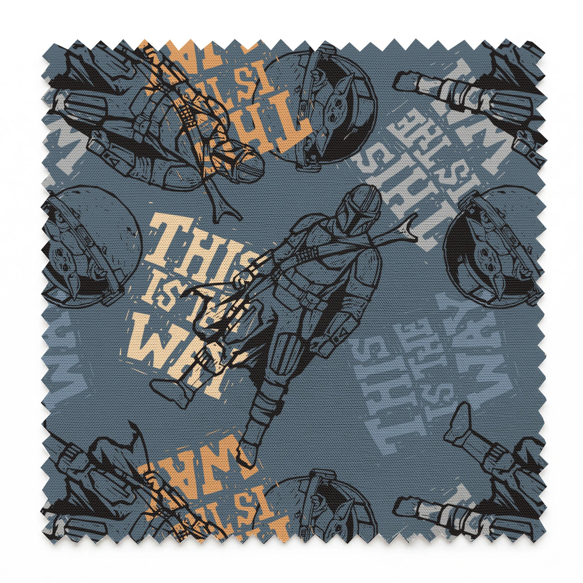 Dark grey illustration with Star Wars characters and yellow text reading "THIS IS THE WAY" in distressed style springs swatch pinked