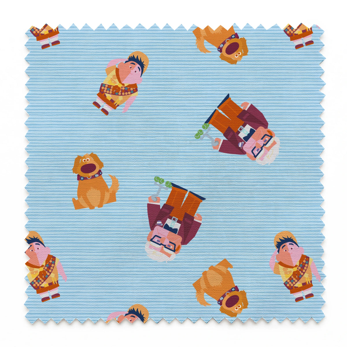 Cartoon characters from Up movie pattern on light blue striped background, featuring colorful illustrations springs swatch pinked