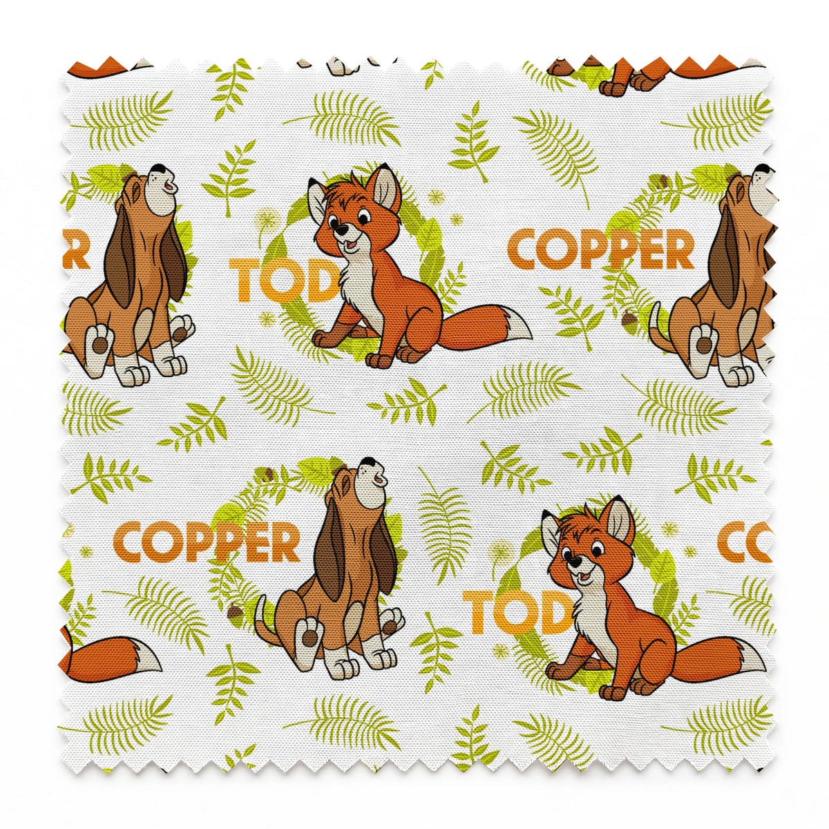 Fox and the Hound pattern with name "COPPER" and green fern background design springs swatch pinked