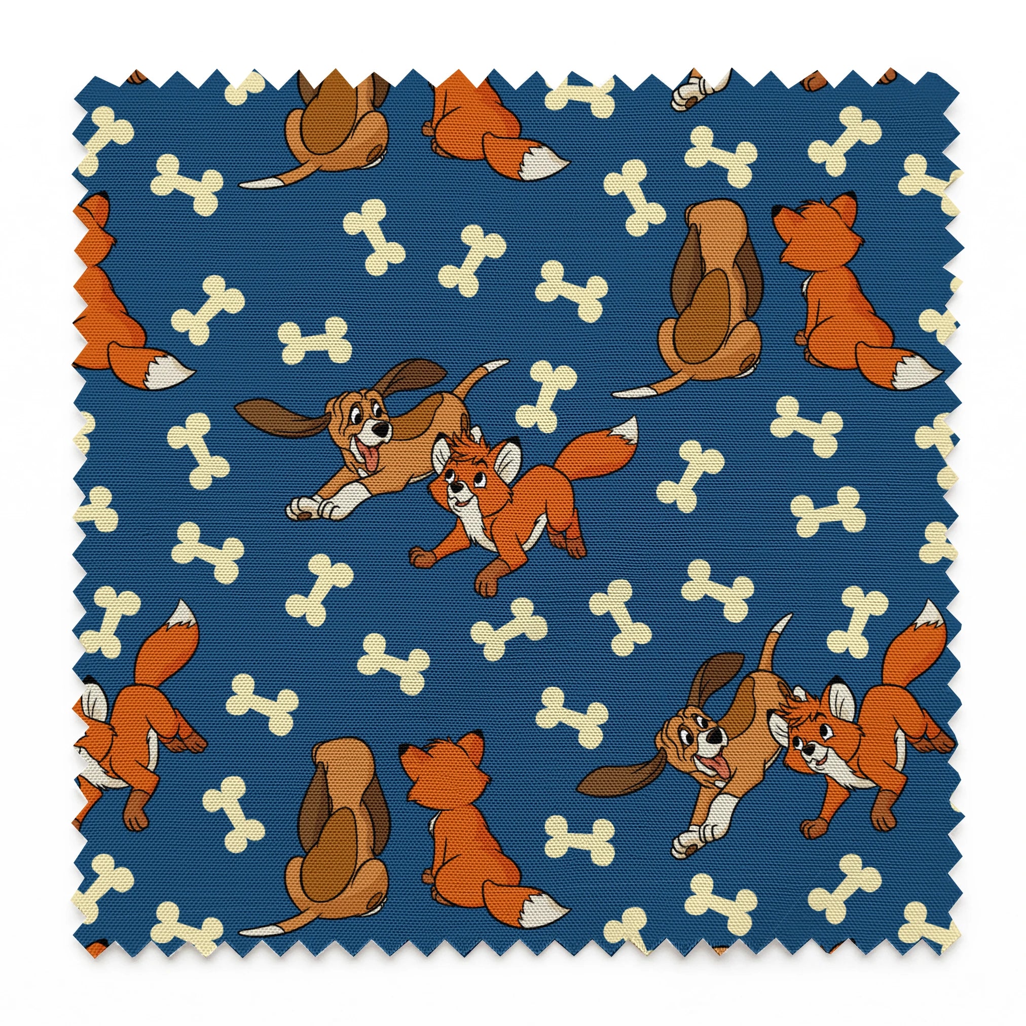 Fox and the Hound characters playing against blue background with scattered bone pattern springs swatch pinked
