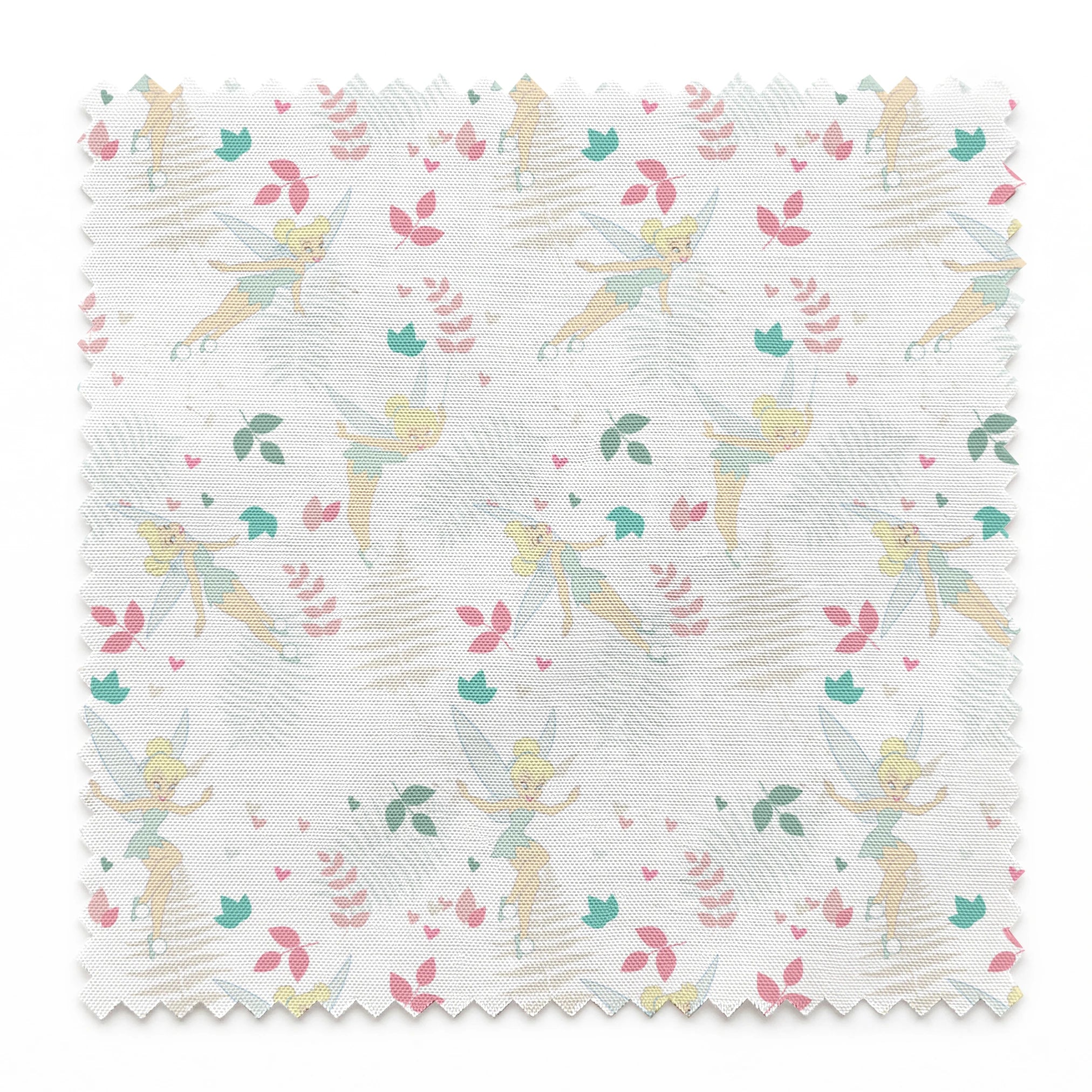Whimsical pattern with Tinker Bell, white ferns, pink and teal foliage on light background springs swatch pinked