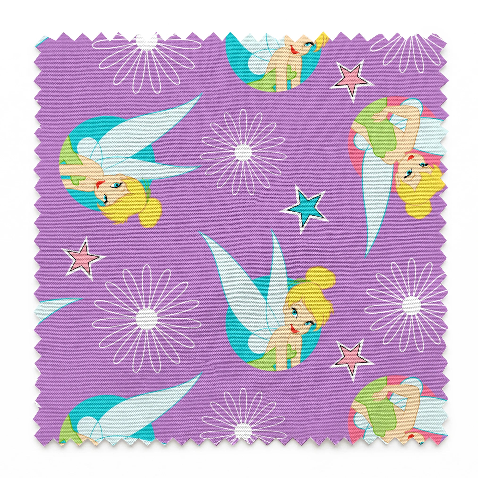 Tinker Bell on a purple background with white daisy flowers and colorful stars. springs swatch pinked