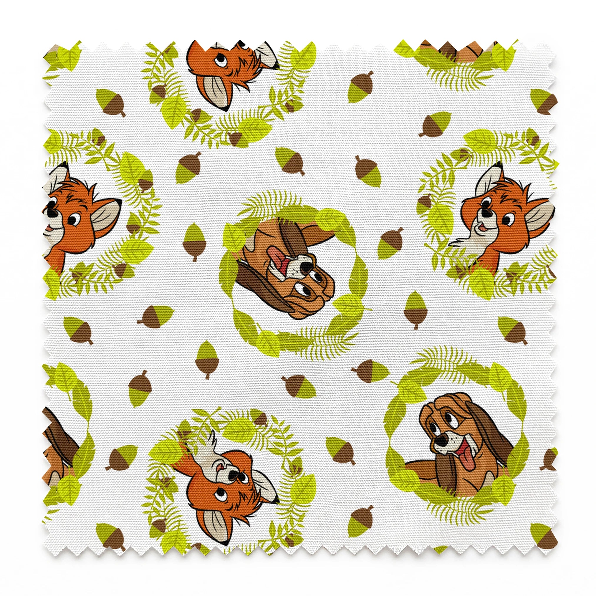 Fox and the Hound characters in green leafy wreaths with scattered acorns on white background springs swatch pinked