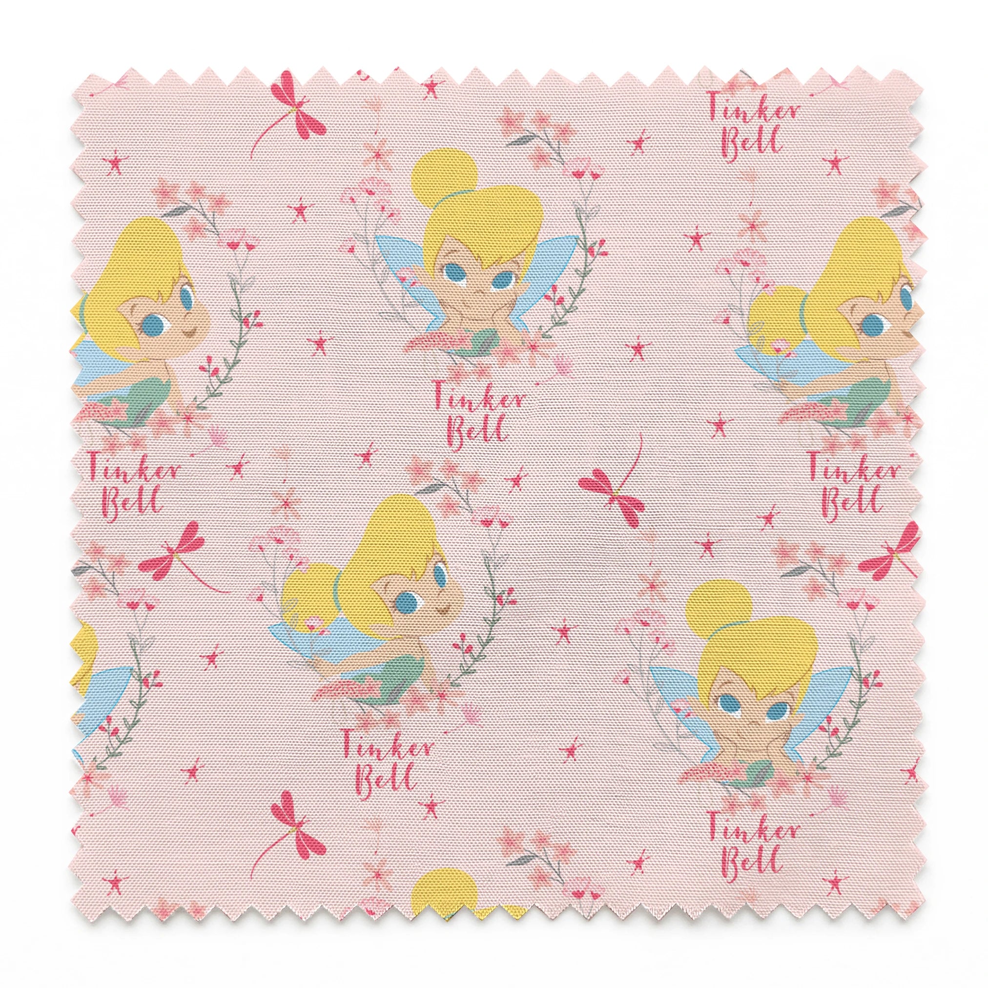 Pink background with Tinker Bell surrounded by flowers, stars, and dragonflies springs swatch pinked