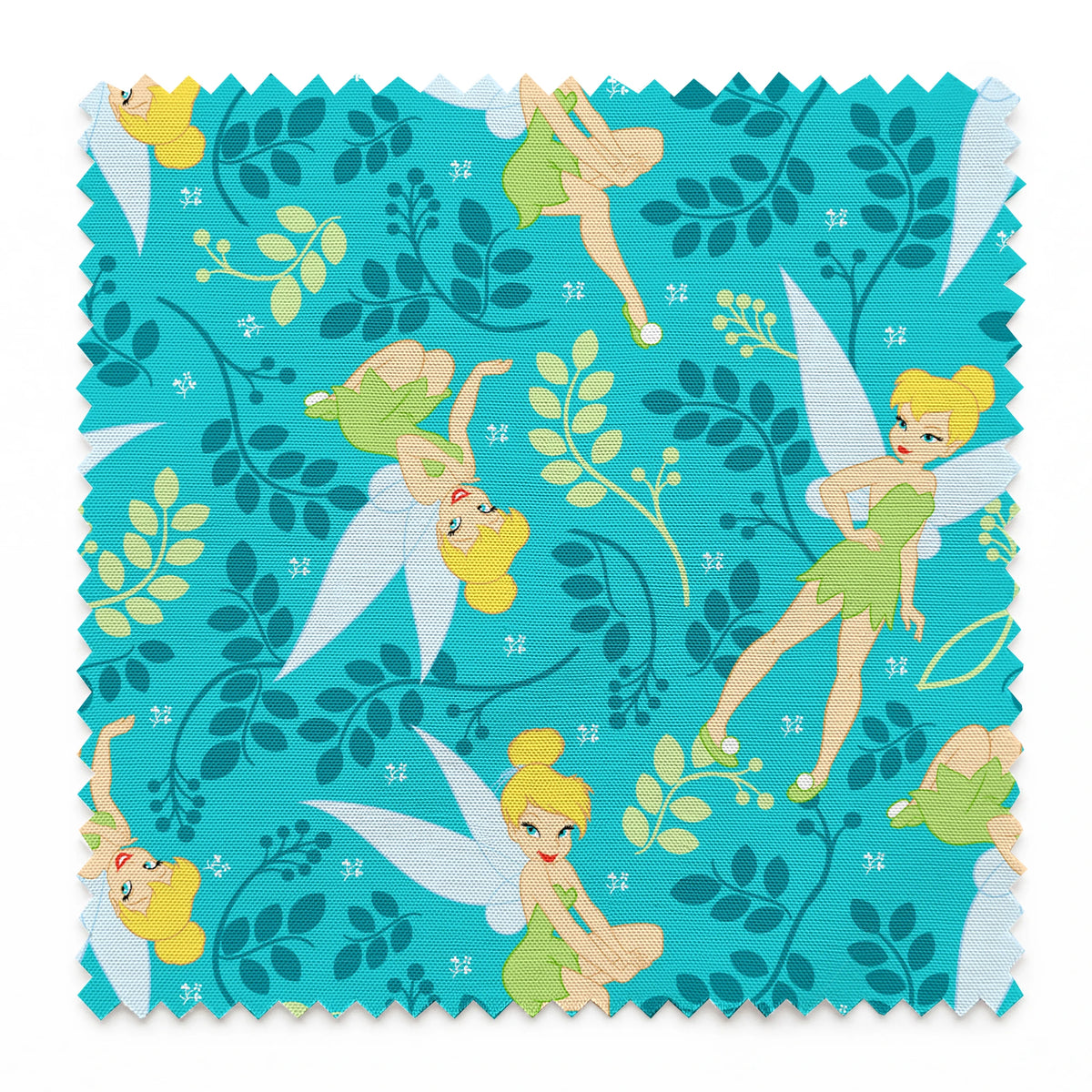 A whimsical pattern featuring Tinker Bell against a teal background with decorative green foliage and yellow accents. springs swatch pinked