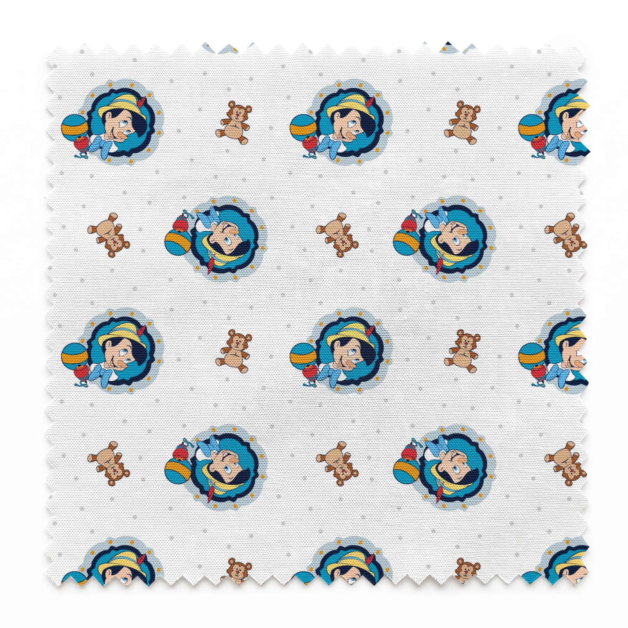 Repeating pattern of cartoon character in blue circle with teddy bears and colorful balls on light dotted background springs swatch pinked