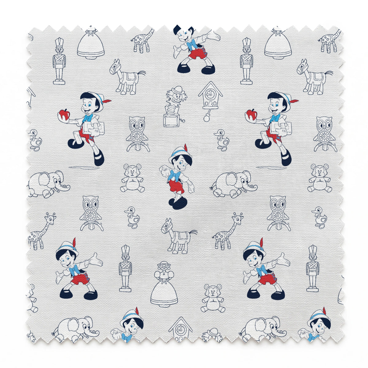 Pattern of vintage cartoon characters including Pinocchio and assorted animals on a light background with red and blue accents springs swatch pinked