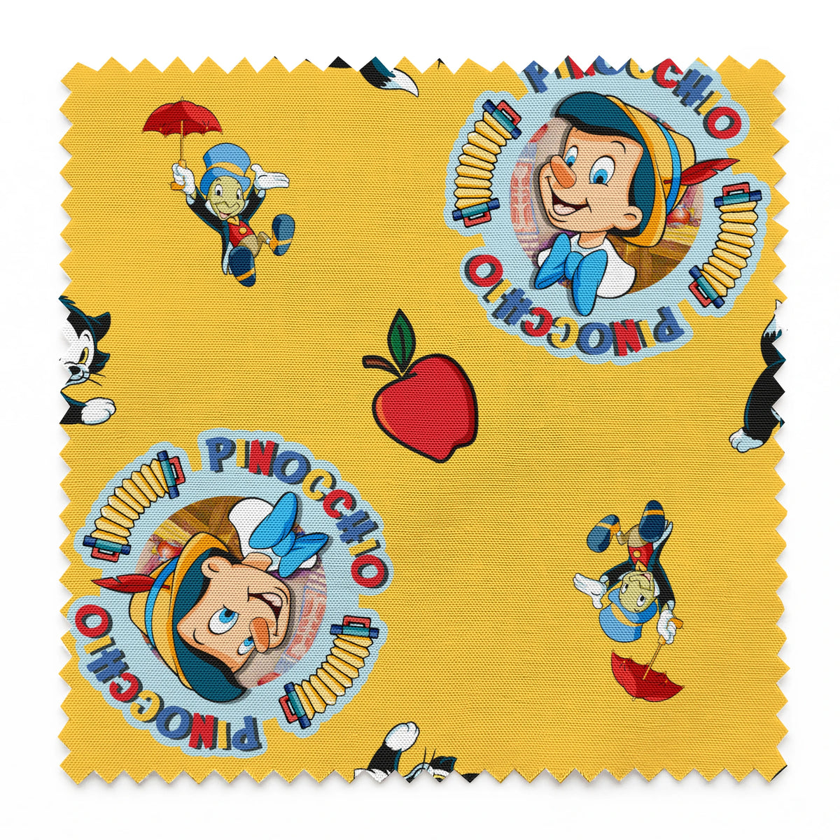 Pinocchio and Disney character pattern on yellow background with circular logos and red apples springs swatch pinked