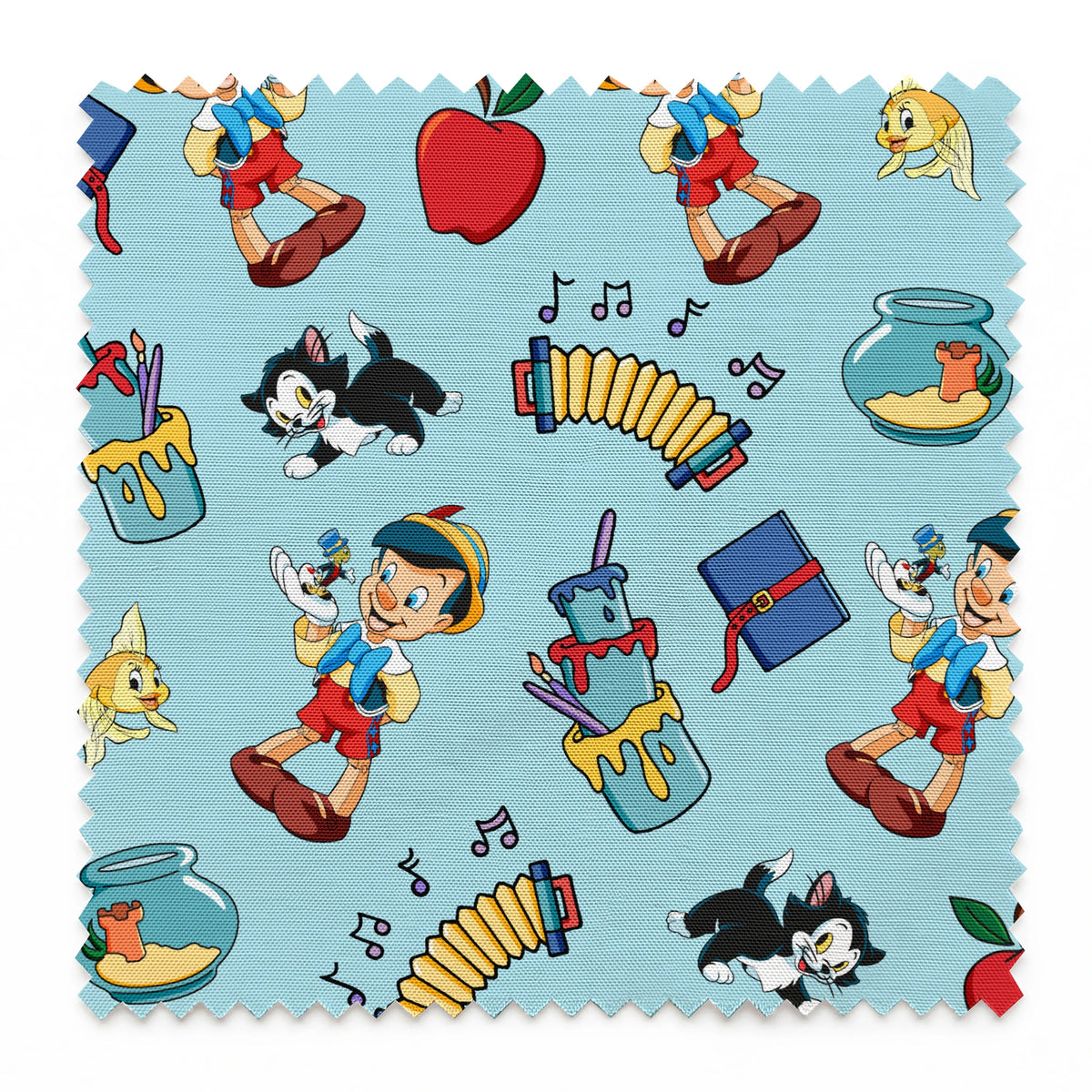 Cartoon pattern with wooden puppets, red apples, musical notes, goldfish bowls, cats, and books on light blue background springs swatch pinked