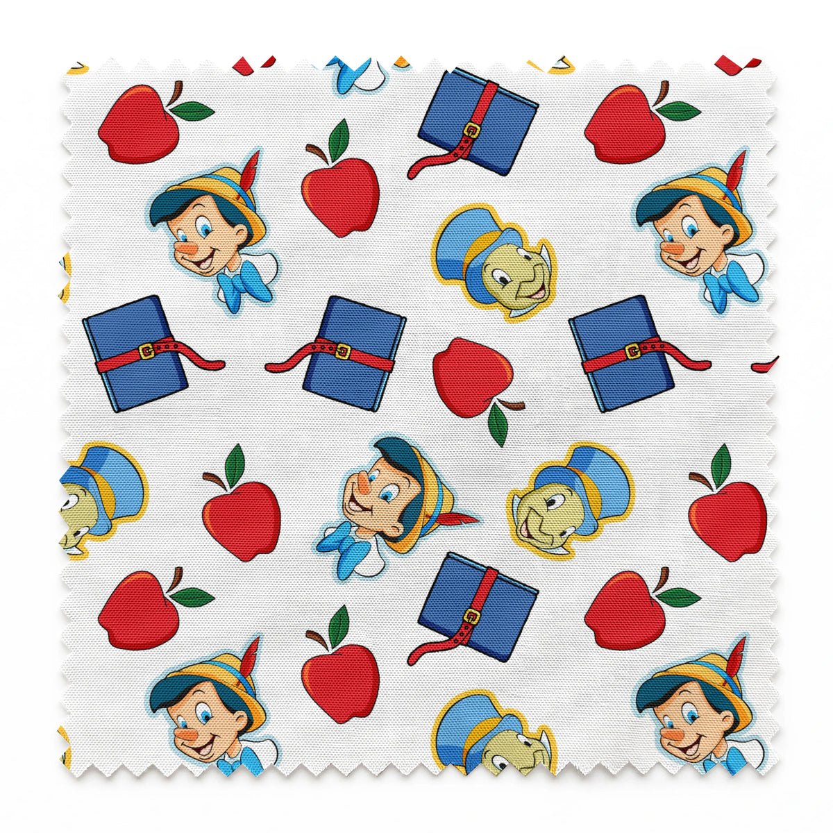 Pattern with cartoon character in pointed hat with blue bow, red apples, blue books with red straps, and yellow circular elements on white background springs swatch pinked