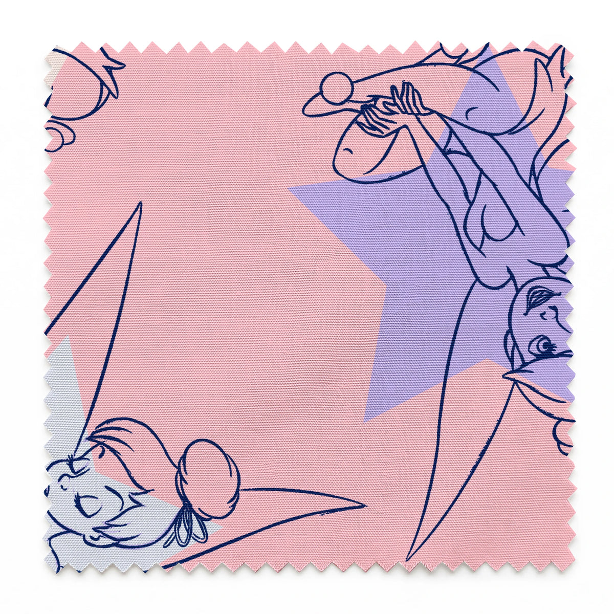 Whimsical Tinker Bells in outlined blue and white style on a soft pink background springs swatch pinked