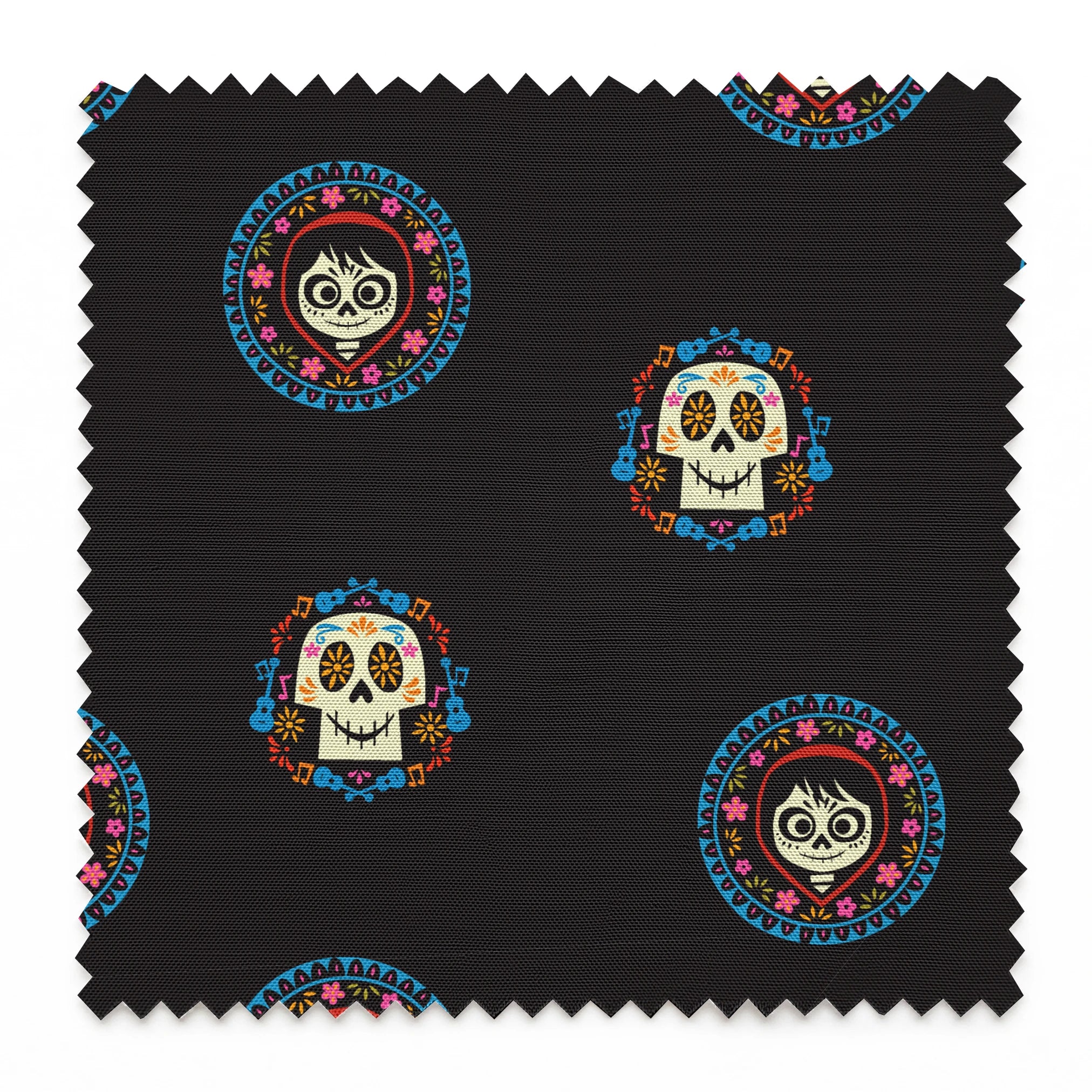 Colorful Coco sugar skull pattern with decorative circular borders on black background springs swatch pinked