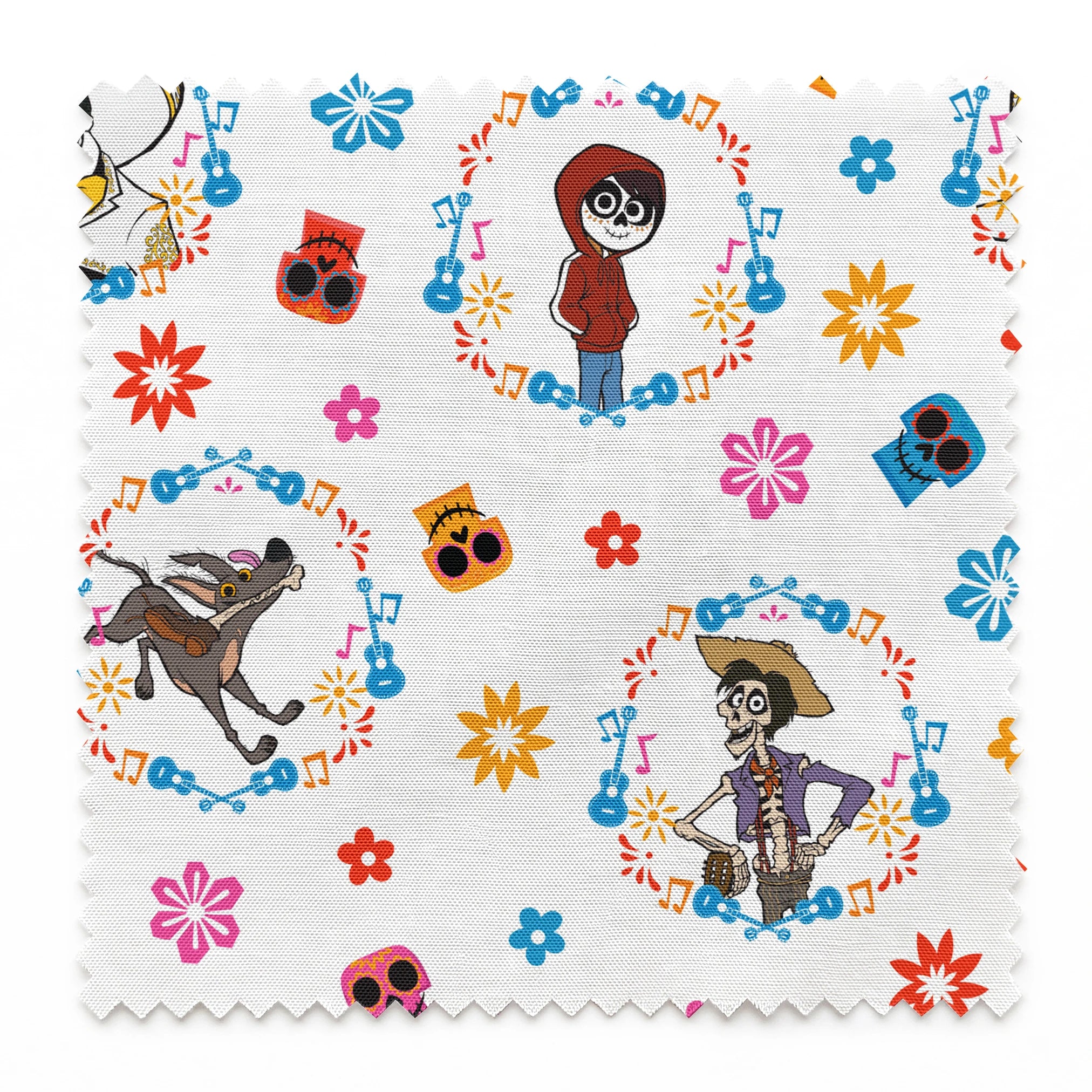 Colorful Coco pattern with Day of the Dead skeleton characters in floral wreaths, sugar skulls, and bright flowers on white background springs swatch pinked