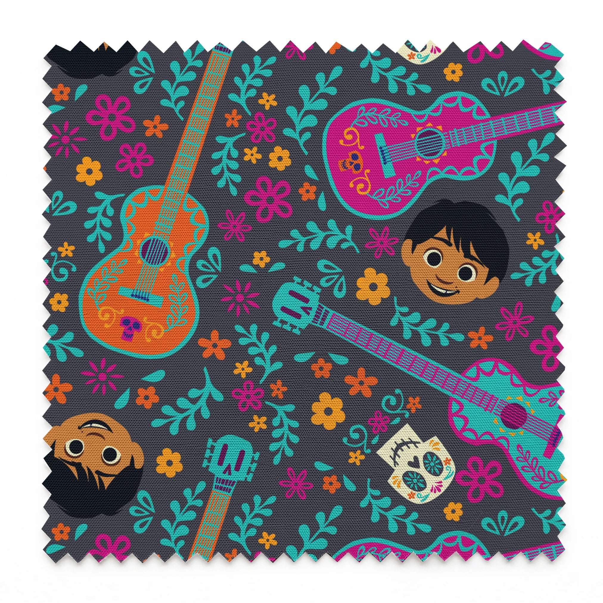 Colorful Coco pattern with decorative guitars, sugar skulls, cartoon characters, and floral elements on teal background. springs swatch pinked