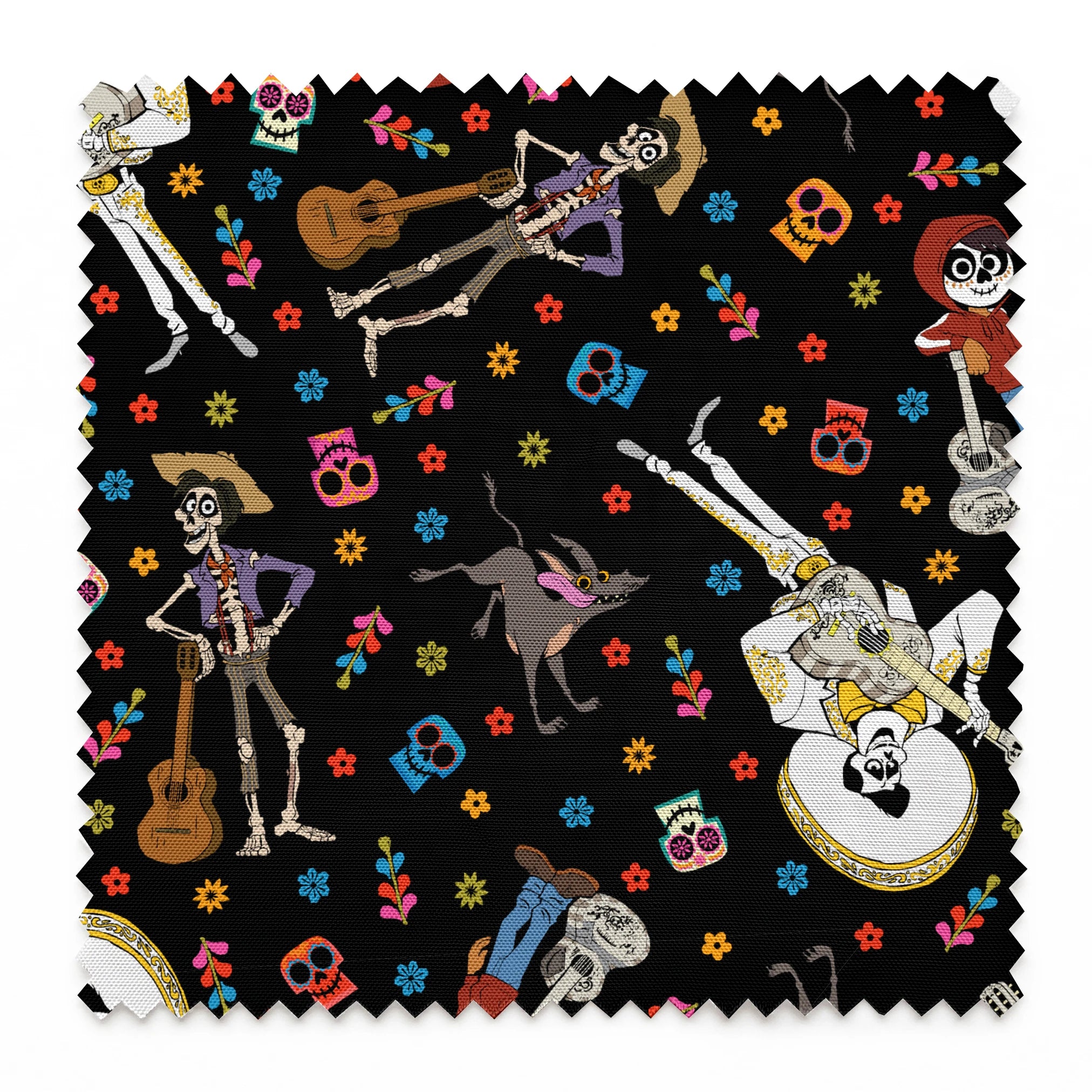 Colorful Coco Day of the Dead pattern with skeleton figures playing instruments, skulls, and flowers on black background springs swatch pinked