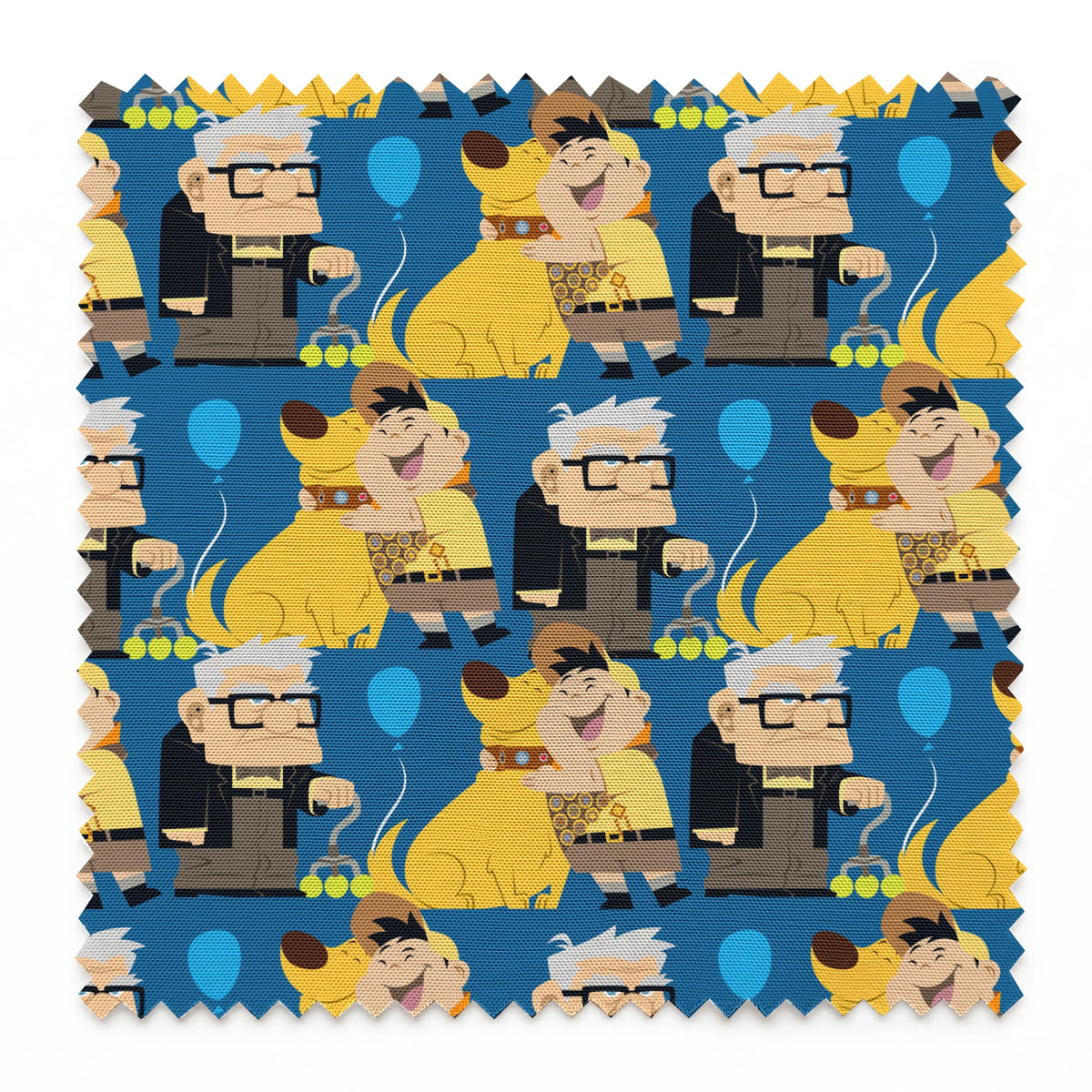 Cartoon pattern featuring characters from Pixar's "Up" with blue balloons, yellow dogs, and scouts springs swatch pinked