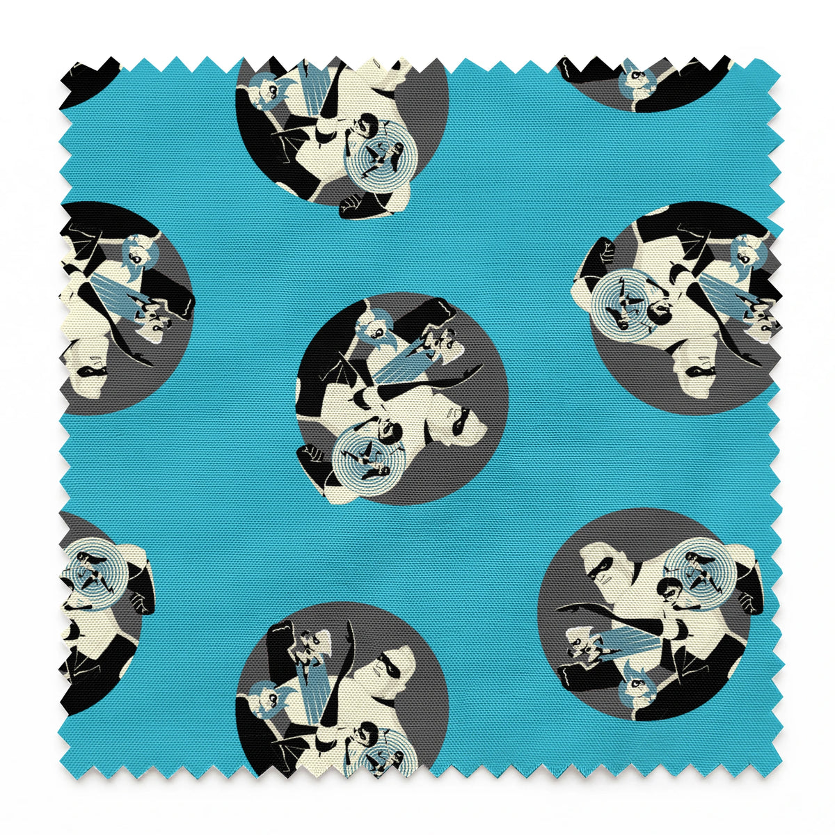 Repeating circular pattern of The Incredibles characters in gray circles on light blue background springs swatch pinked