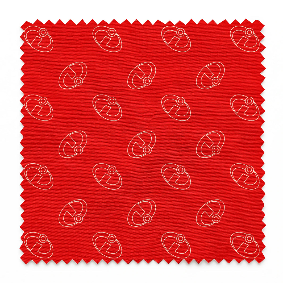 Red background with The Incredibles logos in a repeating pattern springs swatch pinked