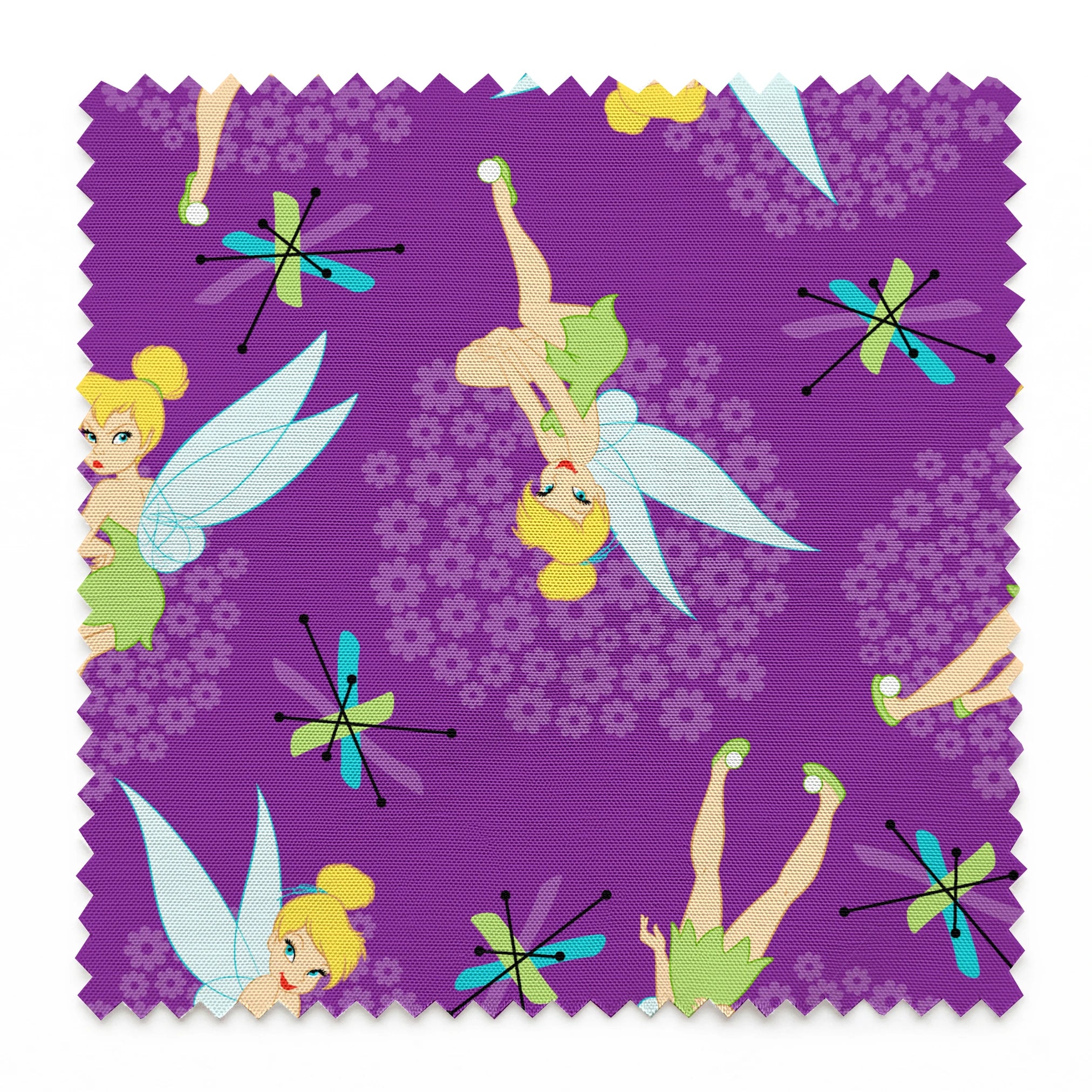 Repeating Tinker Bell pattern in green dresses on purple background springs swatch pinked