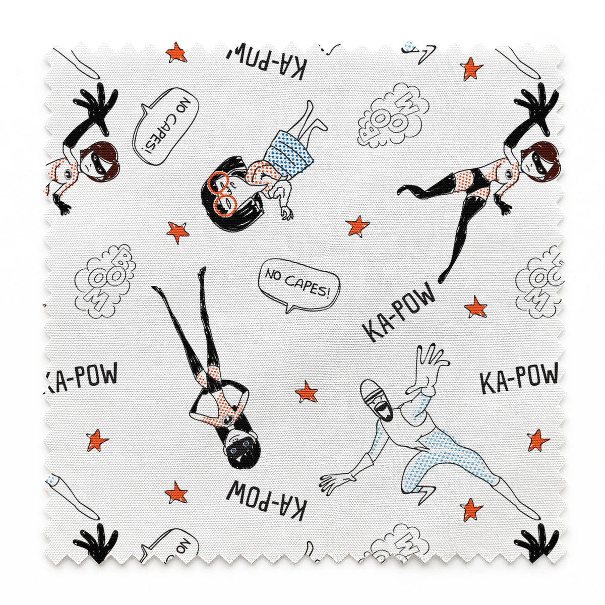 The Incredibles in dynamic poses with comic book sound effects like "KA-POW" on white background with orange stars springs swatch pinked