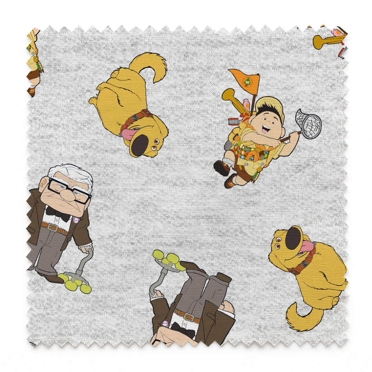 Cartoon characters from Disney's "Up" including Carl, Russell, and Dug on light gray background springs swatch pinked