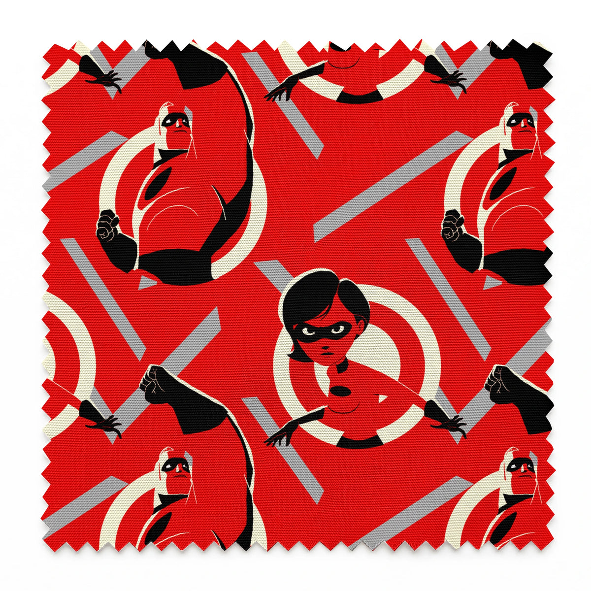 Stylized Incredibles characters in red, black and white with a dynamic pose against spiral background pattern. springs swatch pinked