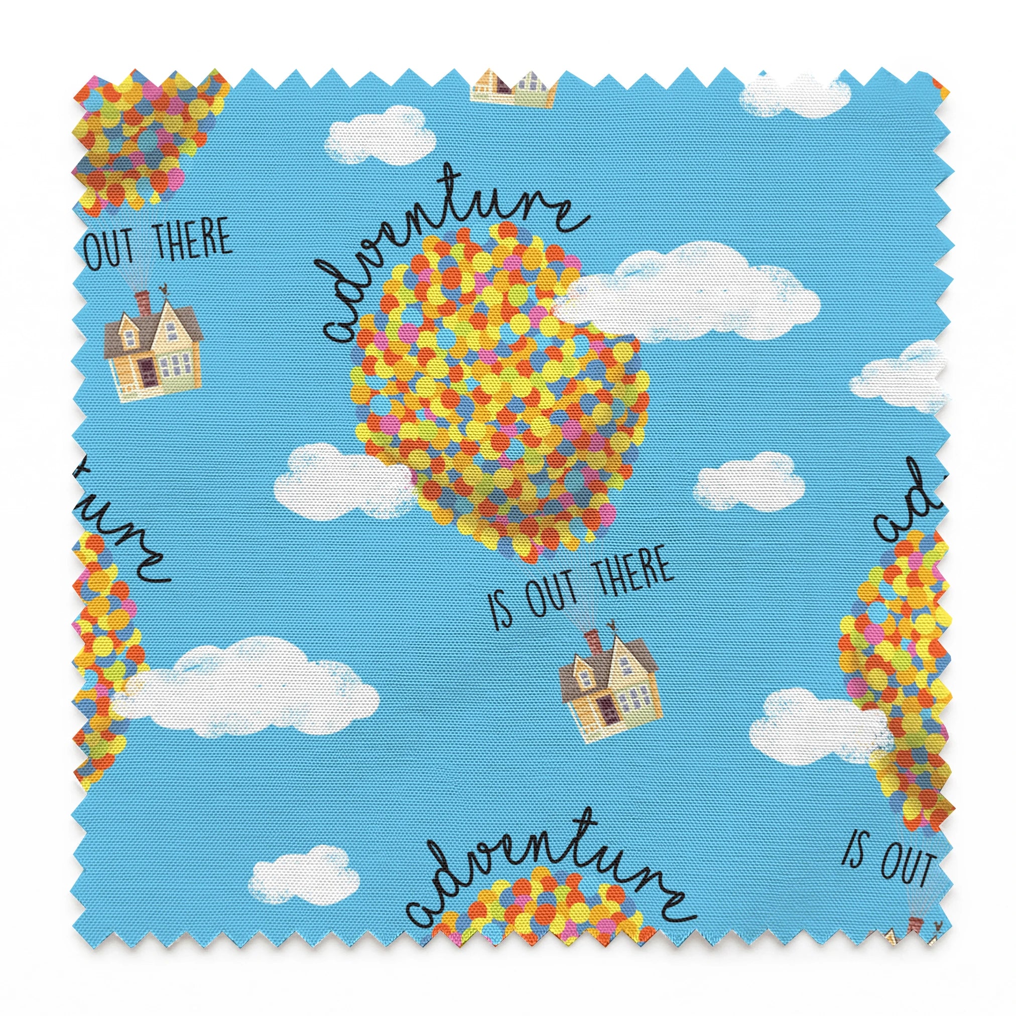 Colorful Up-inspired balloon houses floating in blue sky with text "Adventure is out there" repeating in pattern springs swatch pinked