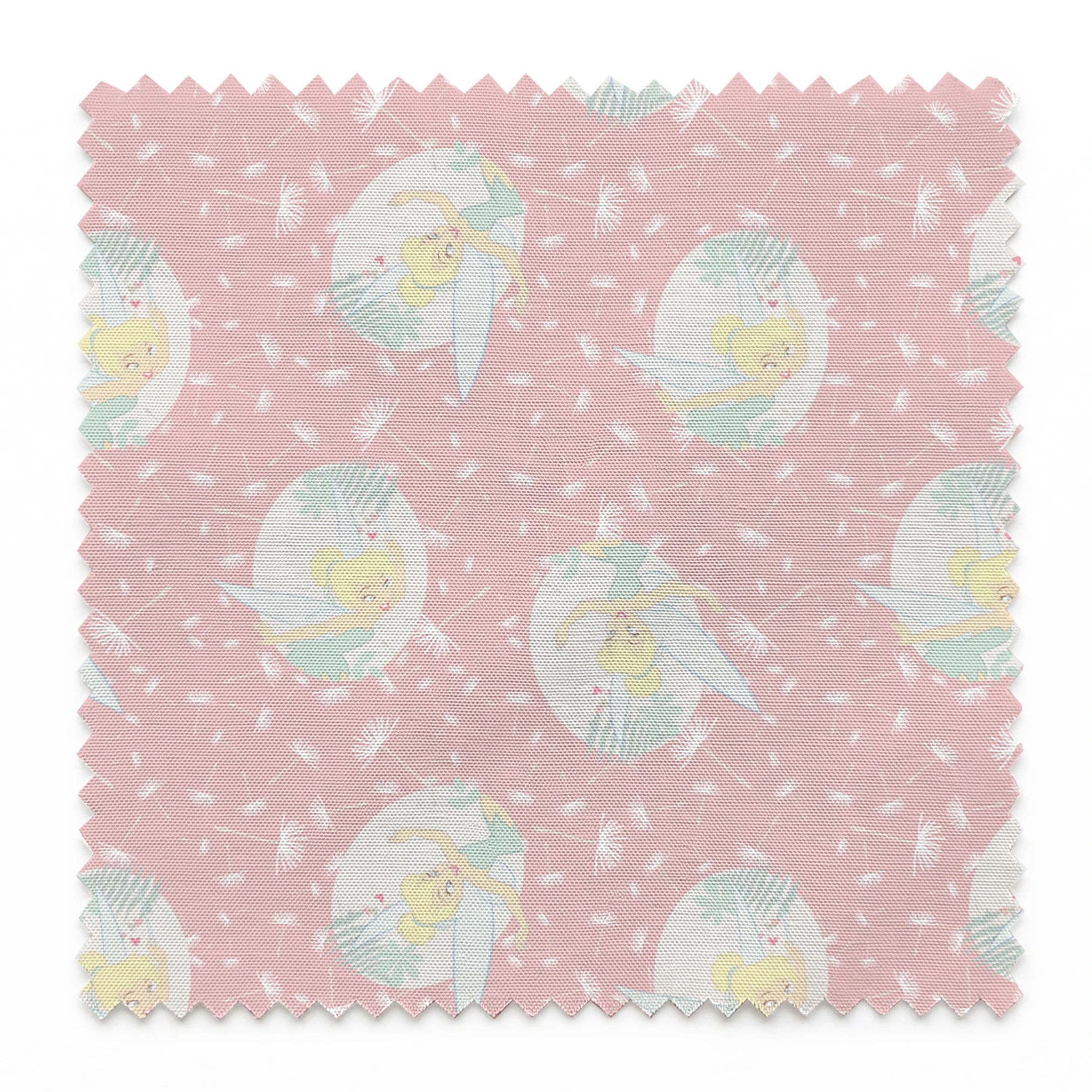 Pink background with dandelion seed pattern featuring Tinker Bell in mint green circles, whimsical Disney design springs swatch pinked
