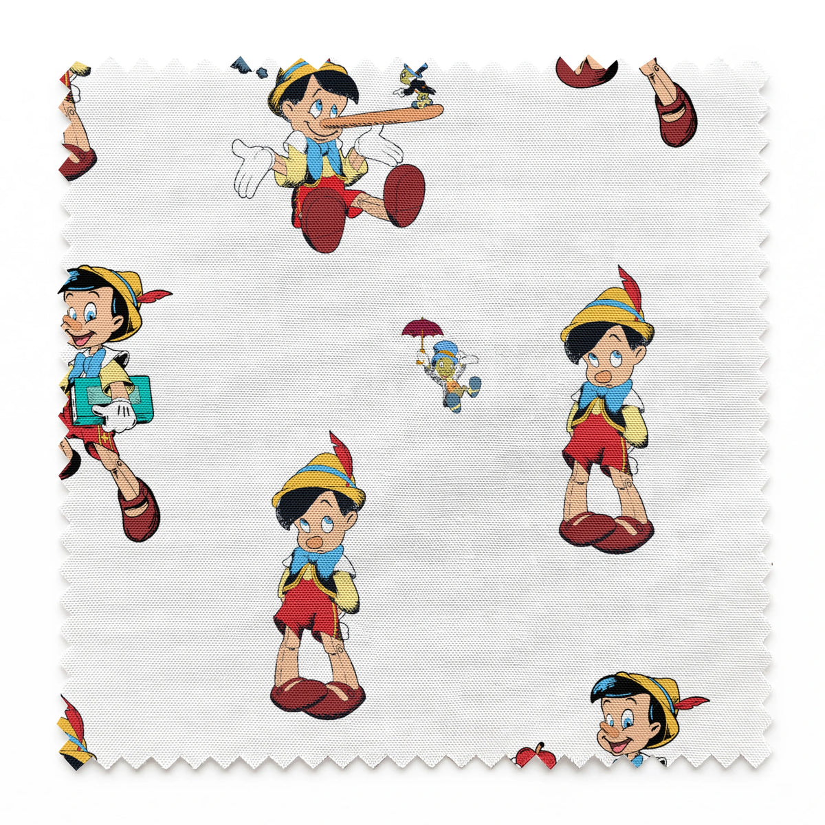 Repeating pattern of cartoon wooden puppet character with pointed hat in various poses springs swatch pinked