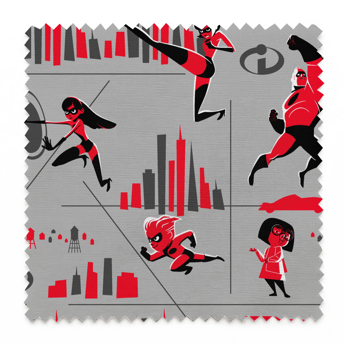 Characters in red and black superhero outfits from The Incredibles shown in action poses against gray background with city elements springs swatch pinked
